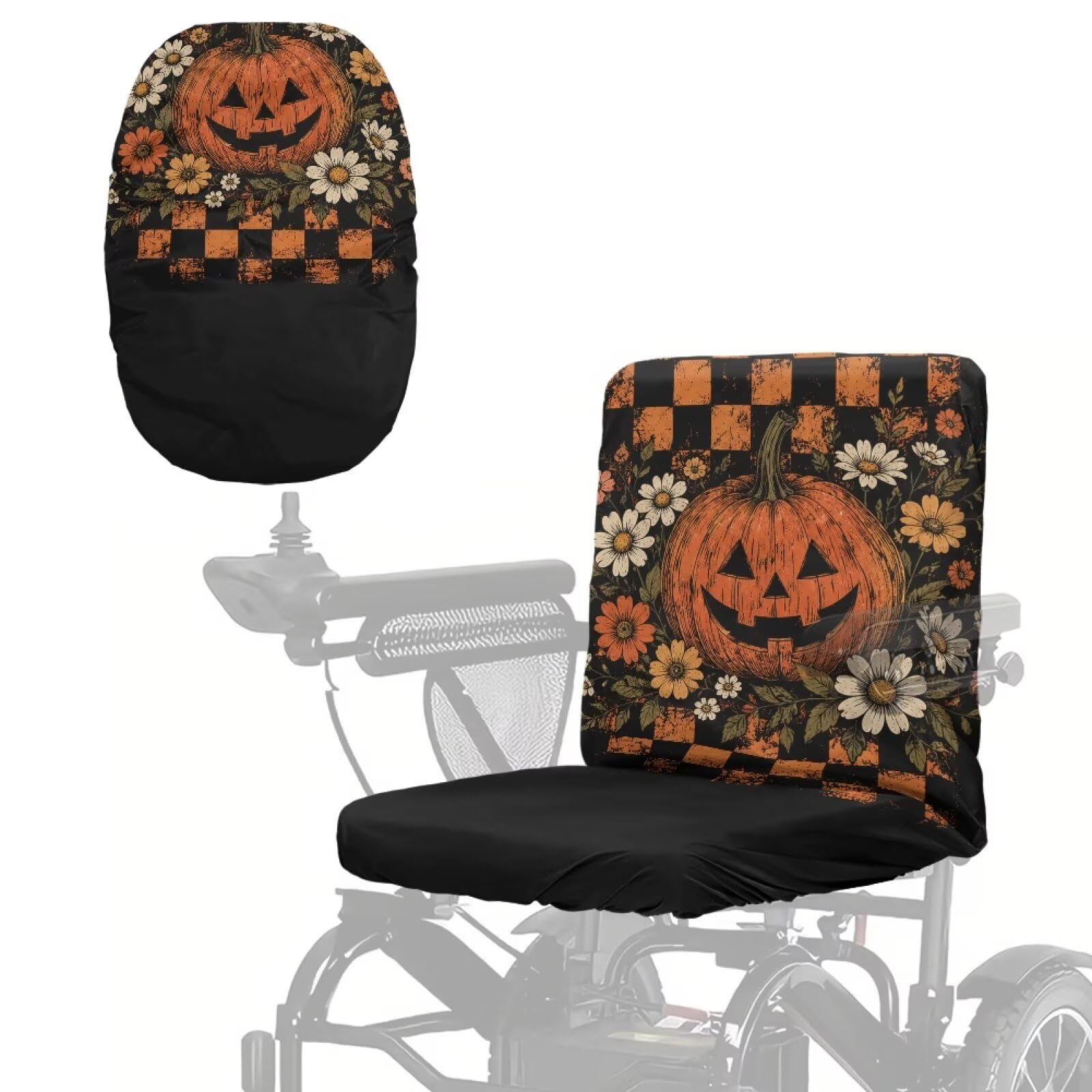 Poceacles Electric Wheelchair Seat Cover Mobility Scooter Cover with Adjustable Buckle Strap Mobility Scooter Accessories for Halloween, Pumpkin Daisy Flower