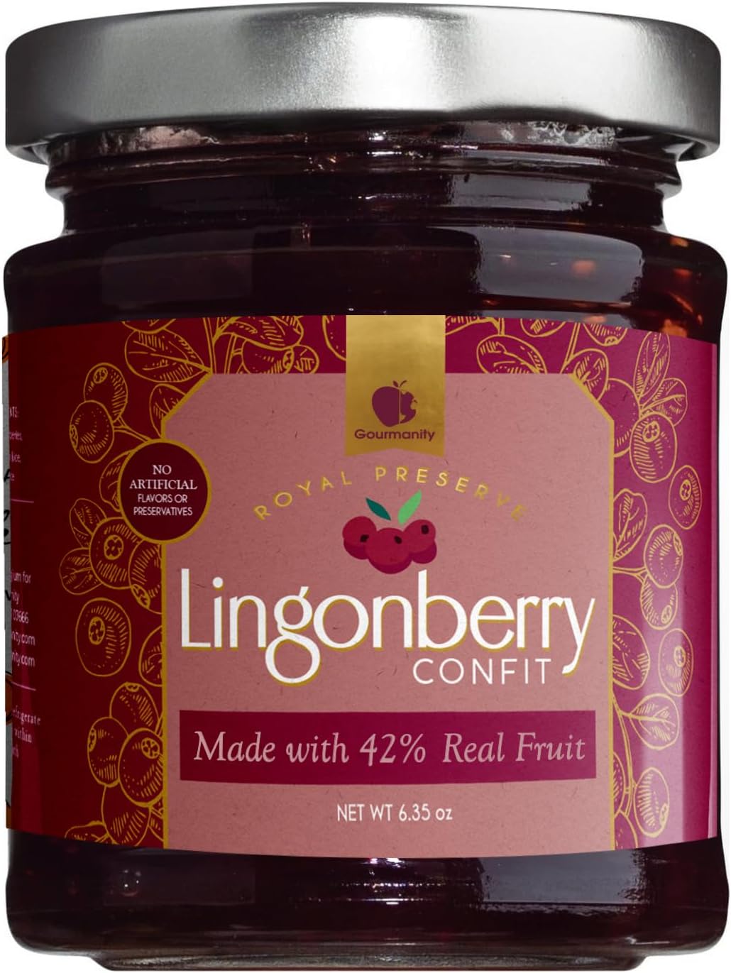 Gourmanity Lingonberry Jam, Balanced Tart and Sweet Flavour, Great on Croissants, Scones or over Ice Cream, All Natural, Non-GMO, Product of Belgium, 6.35oz