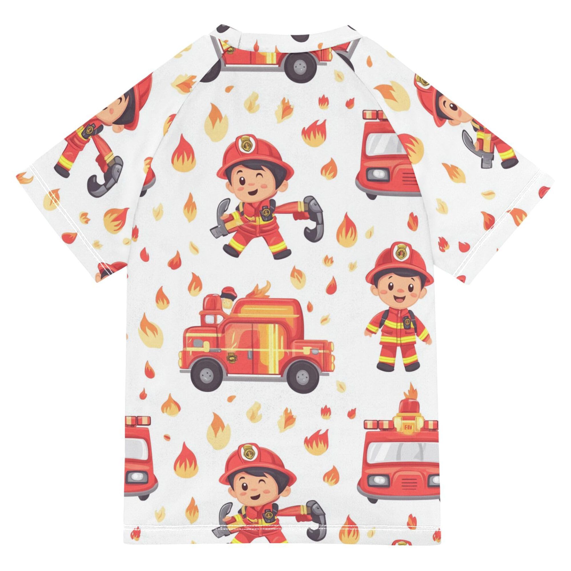 Firefighter and Fire Truck White Bathing Suit Kids UV Protection Teen Rash Guard Swimsuit Swimwears Active Shirts for Little Boy 5-6T