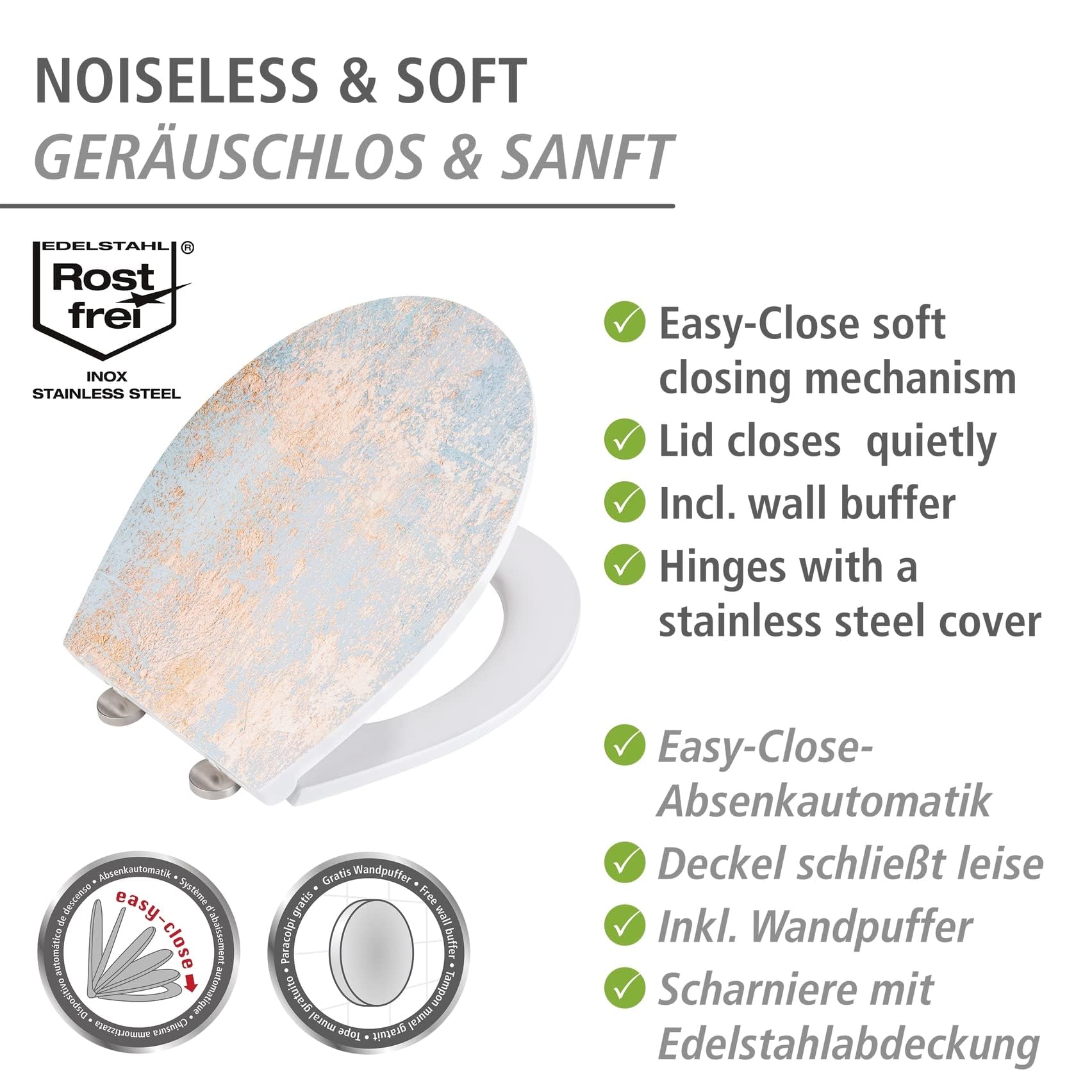 WENKO Asiento de WC Agate, asiento de inodoro higiénico de Duroplast antibacteriano con cierre suave y fijación higiénica Fix-Clip de acero inoxidable, tapa WC con superficie de relieve, 38 x 44,5 cm