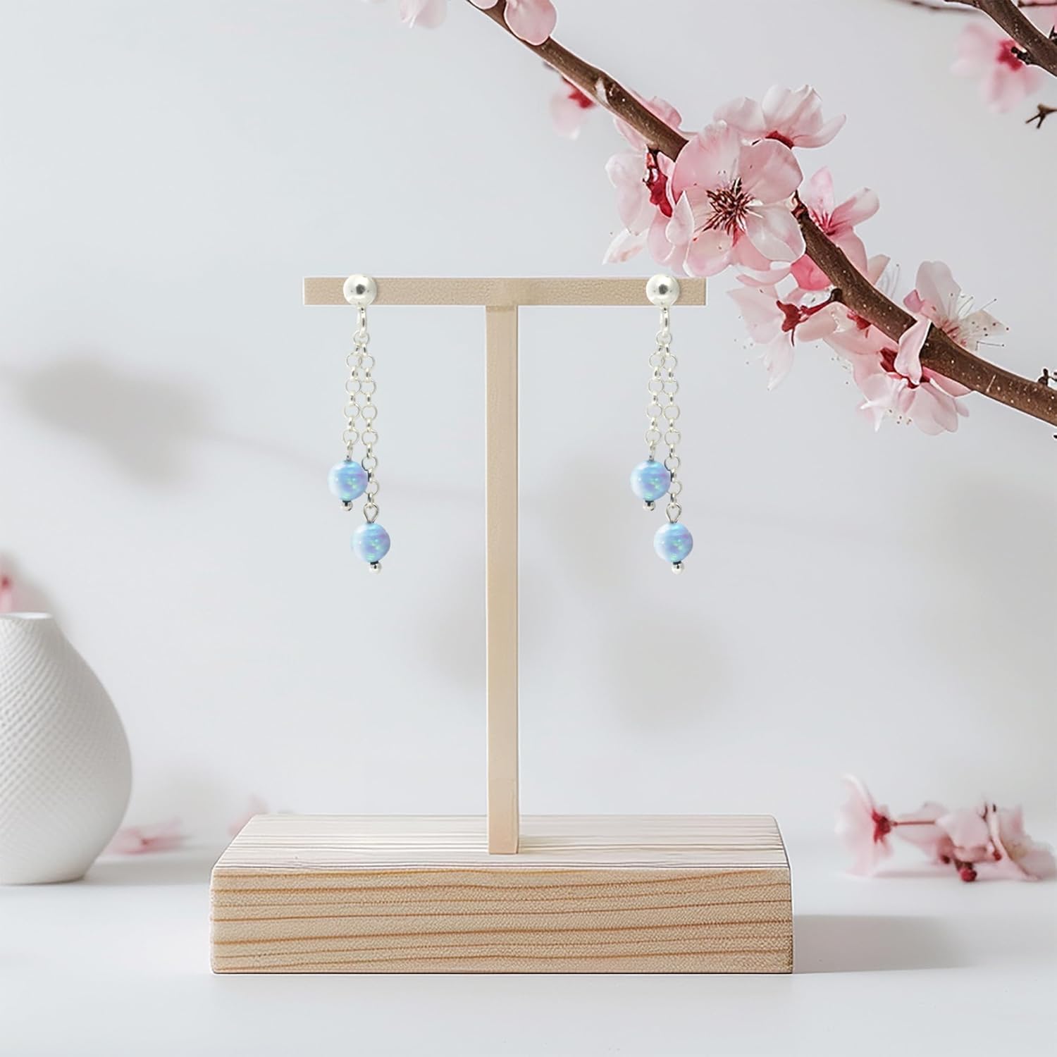 Blue Opal Earrings in 925 Sterling Silver - 35mm Length with 5mm Round Beads - Blue Opal Earrings for Women Sterling Silver - Perfect for Gifting and Everyday Wear - Image 5