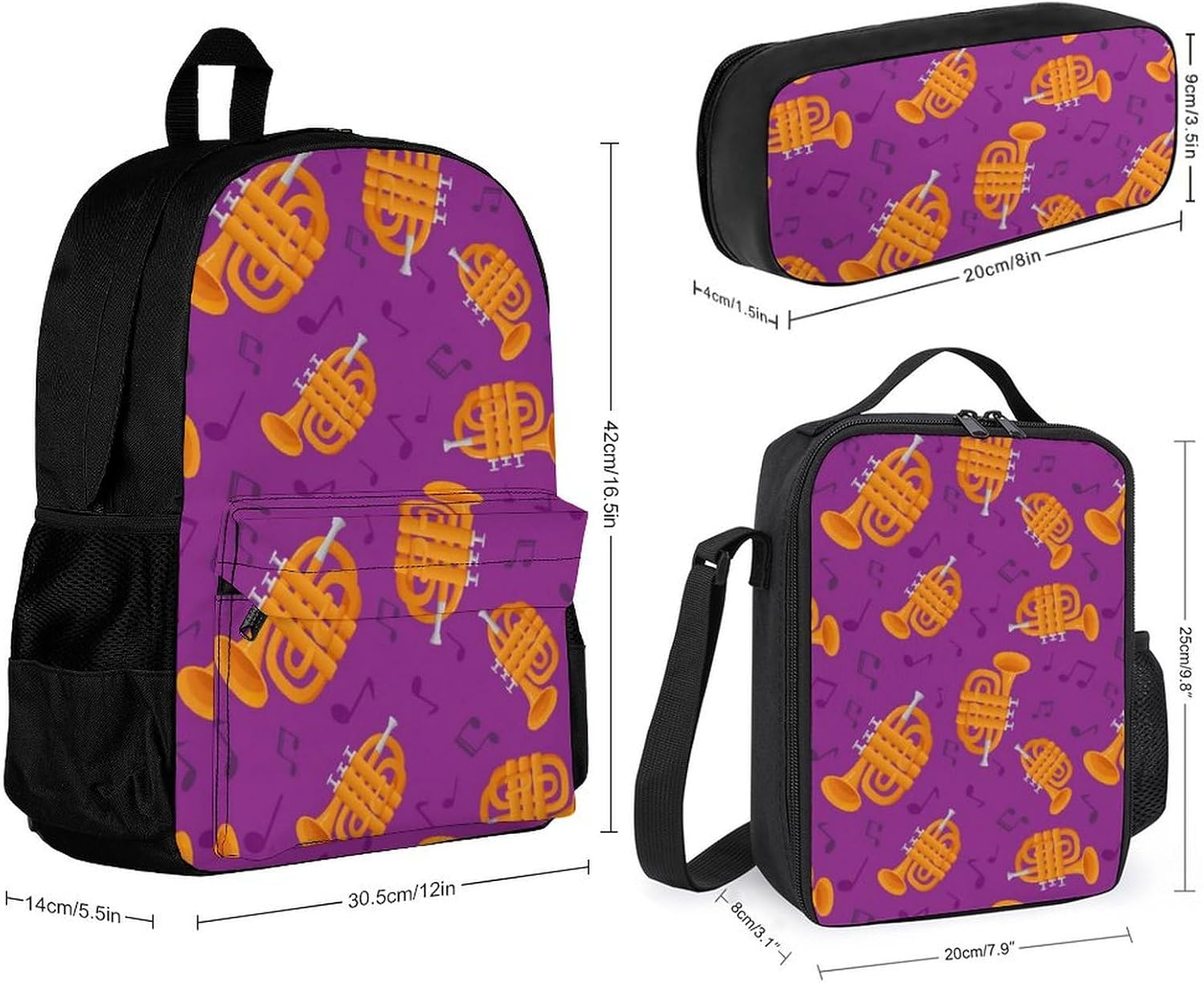Golden Trombones of Music Notes Pattern 3 Piece Backpack Sets With Lunch Bag Pencil Case Combination Hiking Travel Work