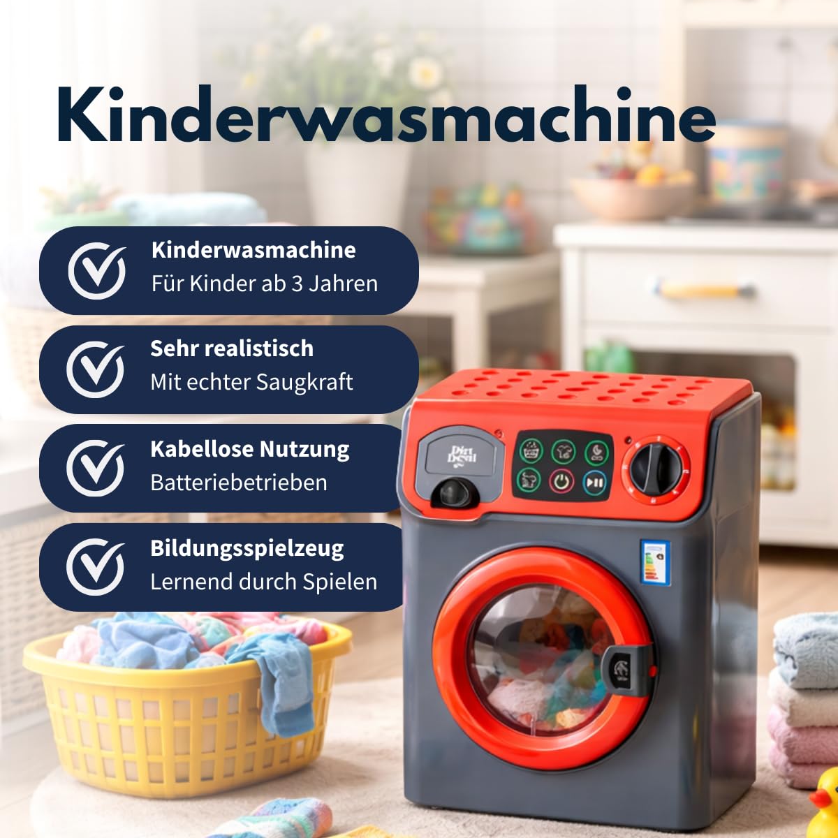 Dirt Devil Spielzeug Waschmaschine Kinder – Mit Licht und Geräusch – Sofort spielbereit – 16,5 x 13 x 22,5 cm – Waschmaschine Kinder Spielzeug für Rollenspiel