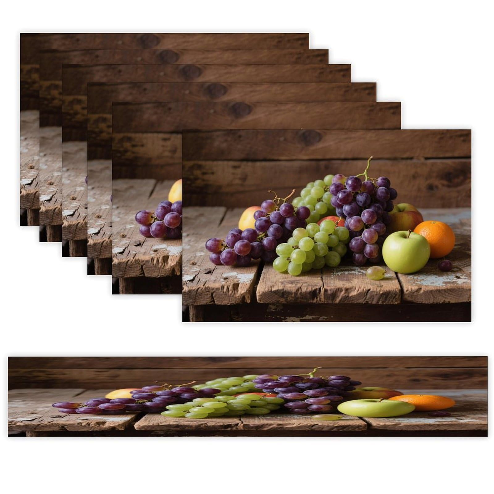 Retro Fruit Grapes Wooden Board Table Runner and Placemats Set of 7 Linen Table Mat Non-Slip Place Mats Washable Placemat Heat Resistant Place Mat with Table Runner for Party Dining Decor