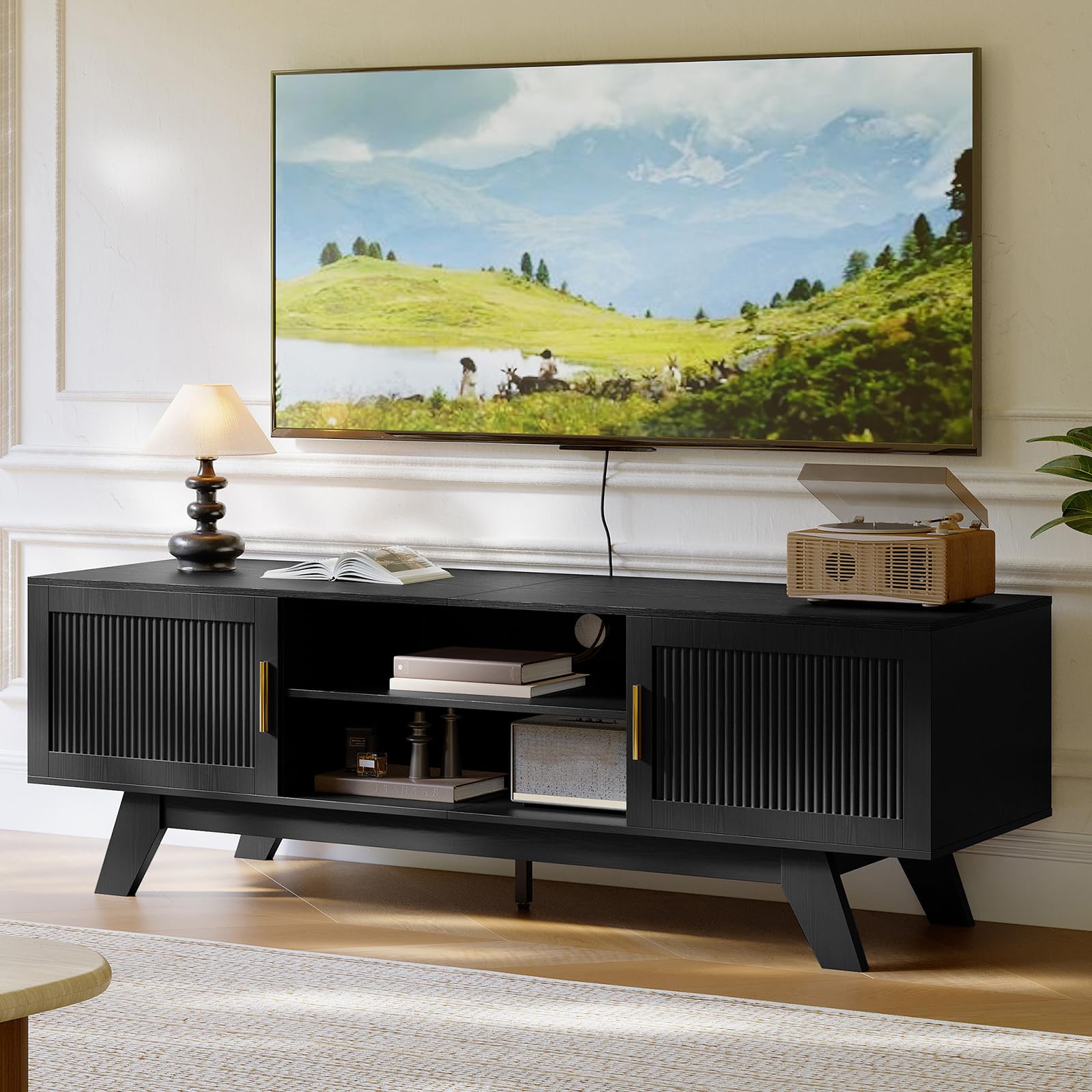View 1 of [Parts Only] ChooChoo 59.5" Fluted TV Stands for 65 Inch TV, Mid Century Modern