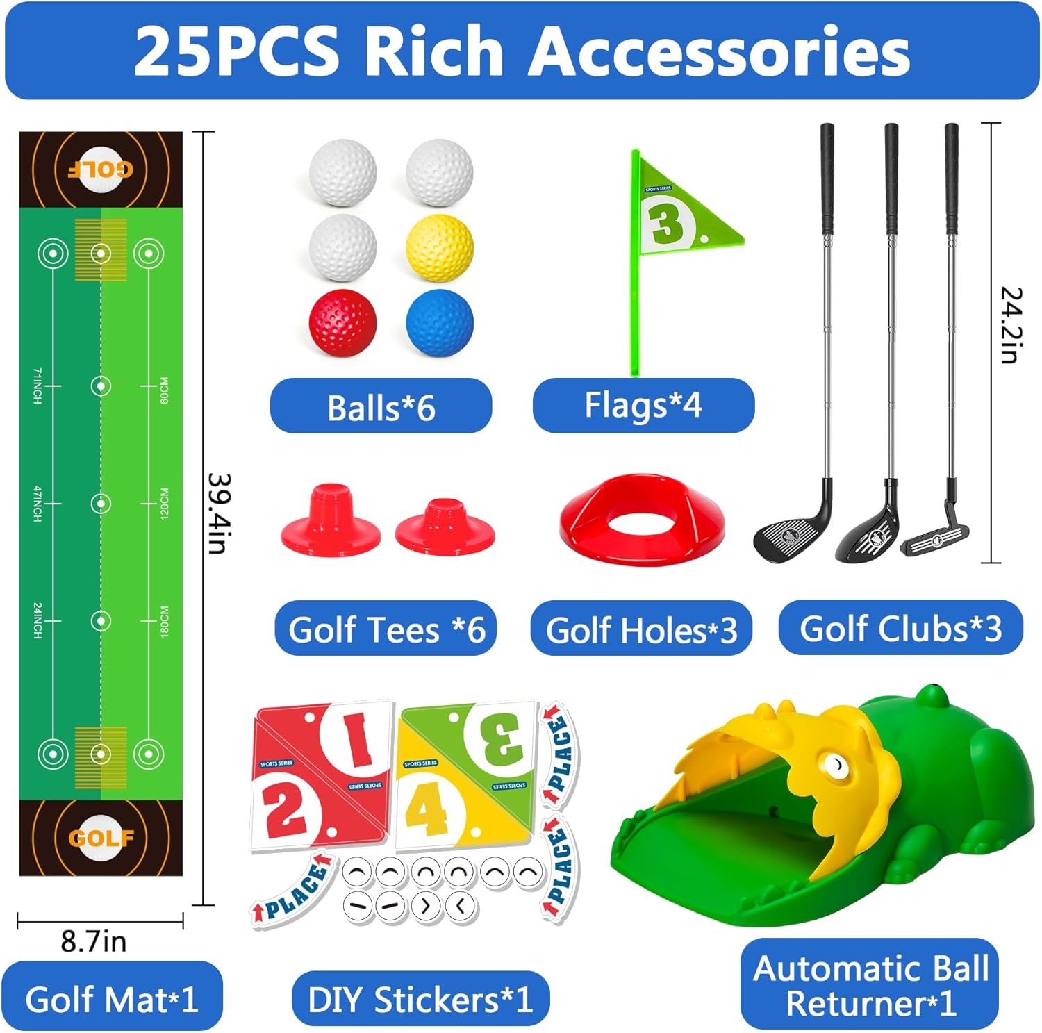 Upgraded Kids Golf Set Kids Golf Clubs With Auto Golf Returner Toddler Golf Set With Glow Balls 3-8 Toddler Mini Golf Games Gator Golf Indoor Outdoor Sports Toys for Boys Valentines Day Gifts for Kids - Image 6
