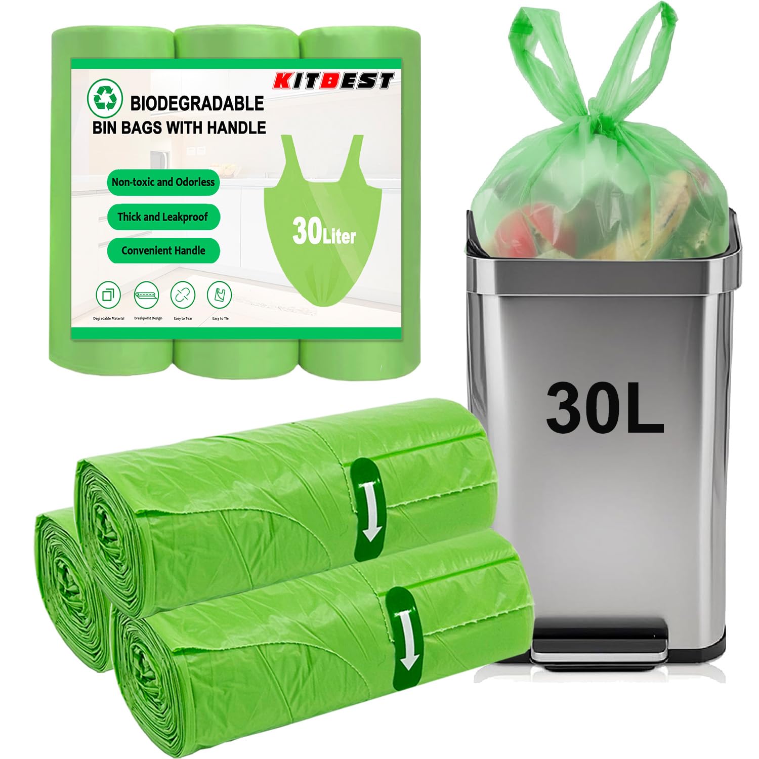Bolsas de basura biodegradables de 30L con asa, KITBEST 60 bolsas verdes para residuos de alimentos, compostables, medianas, para cocina, baño, oficina, aseo (60 x 75cm)