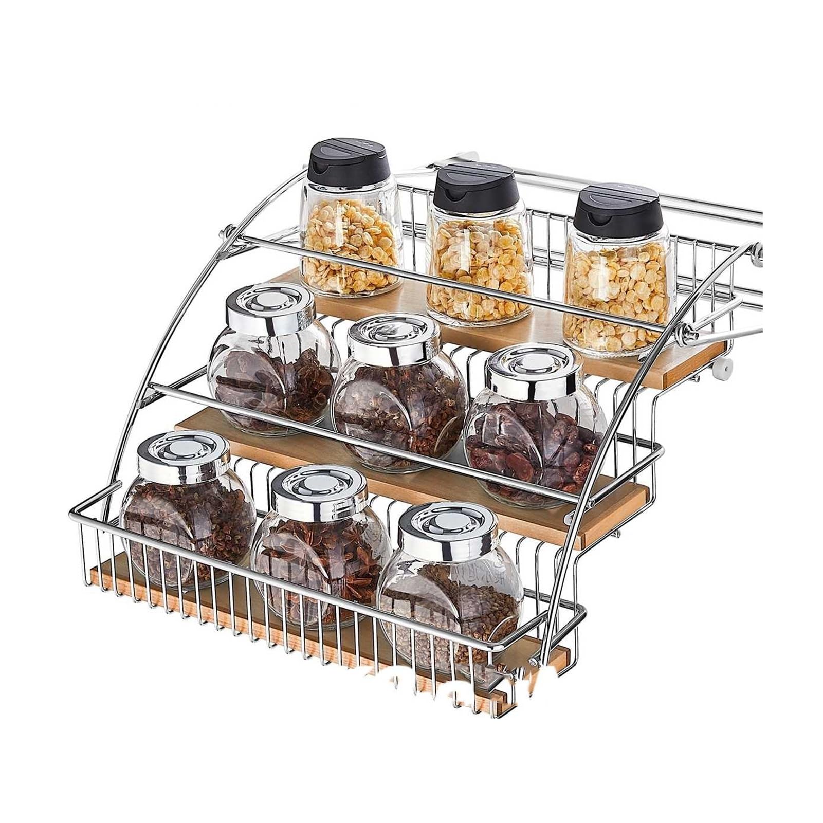 IUokLU 3-Tier Wall Mounted Spice Rack & Dish Organizer, Pull Down Storage Shelf for Upper Cabinet, Kitchen Pantry Solution(Silver-28.5x26x22cm)
