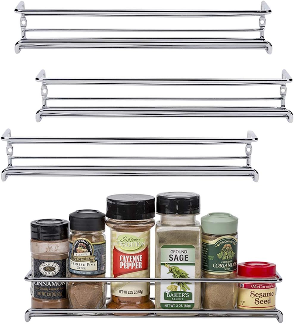 Unum Chrome Wall-Mount/Cabinet Door Spice Rack (x4) – Single Tier Hanging Spice Organizers/Racks - Pantry, Kitchen Wall/Cupboard, Over Stove, and Closet Door Storage – 11 3/8"L x 3"D x 2"H