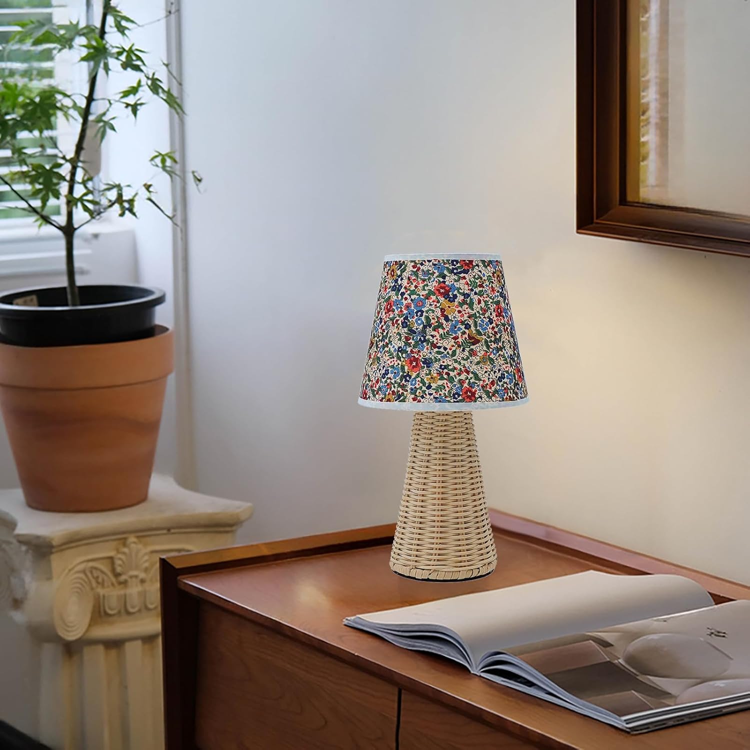Vintage Small Wicker Lamp, Rattan Body Fabric Lampshade, Adjustable Light Color and Brightness with Power-Off Memory, Safe USB Powered, Retro Night Light for Bedroom Living Room (Cone-Floral)