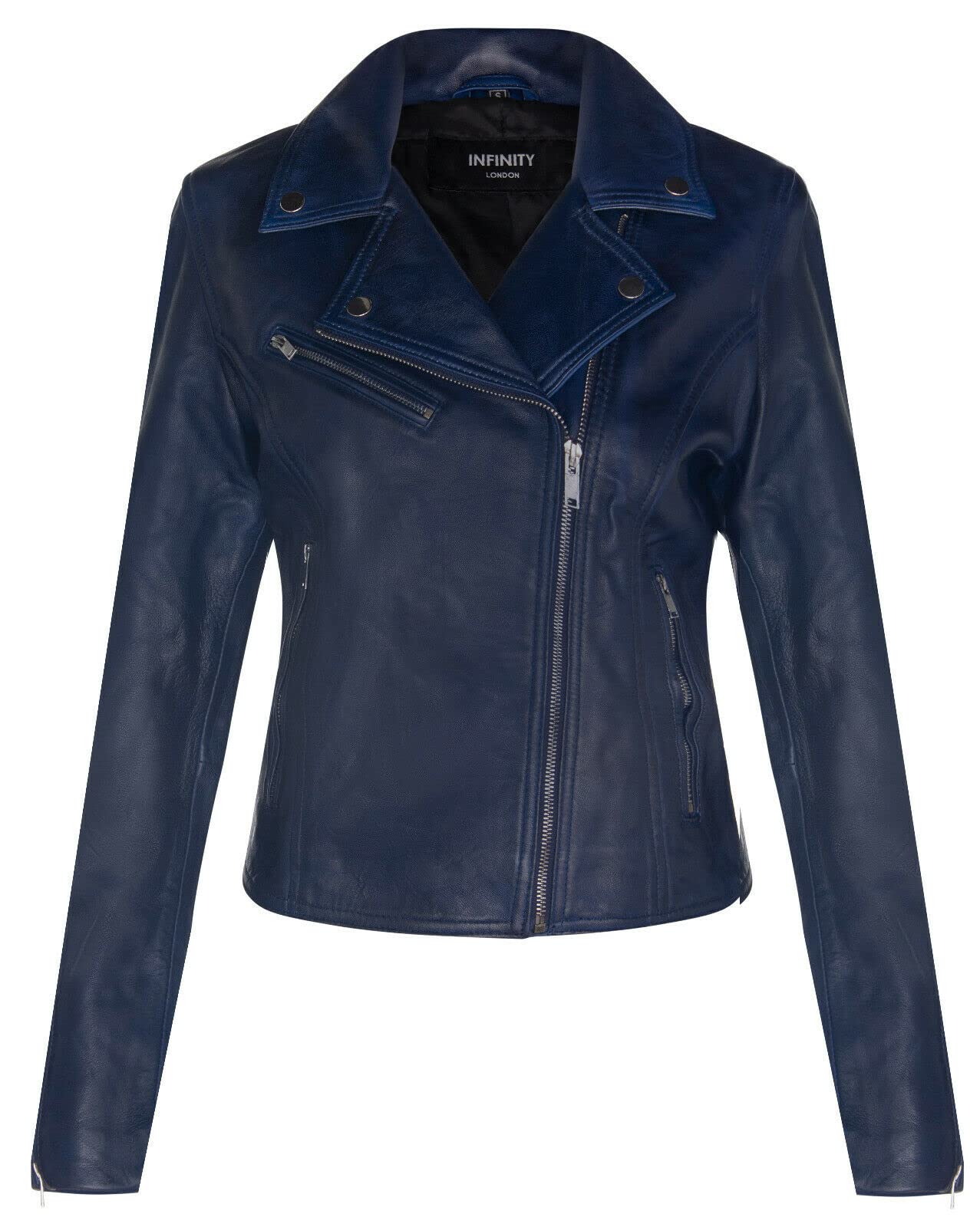Infinity Leather Women's Blue Leather Jacket Classic Biker Style Real Leather Jacket S