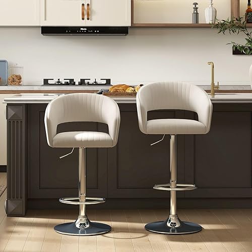 Juego de 2 modernas sillas de bar de cocina con base plateada, taburetes de bar giratorios ajustables con respaldo y reposapiés, taburetes de