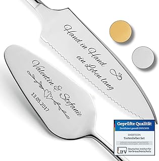 SMARTEON Cake Server Set Hand in Hand with Cake Knife and Personalised Engraving - Wedding Gifts for Newlyweds, Birthday, Anniversary, Gift Idea for Couples - Silver Set in Gift Box