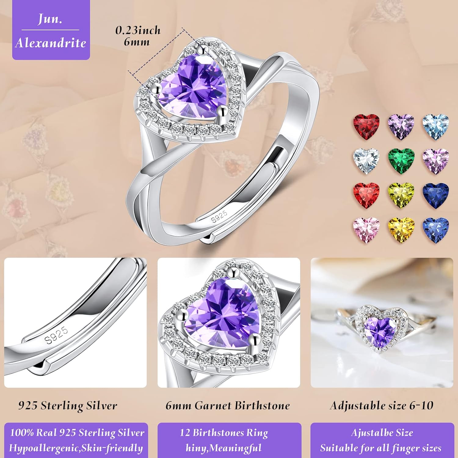 S925 Sterling Silver Birthstone Rings for Women Engagement Ring For Women Adjustable Promise Rings for Wife, Mom, Daughter Jewelry Birthday Wedding Anniversary Valentines Gifts