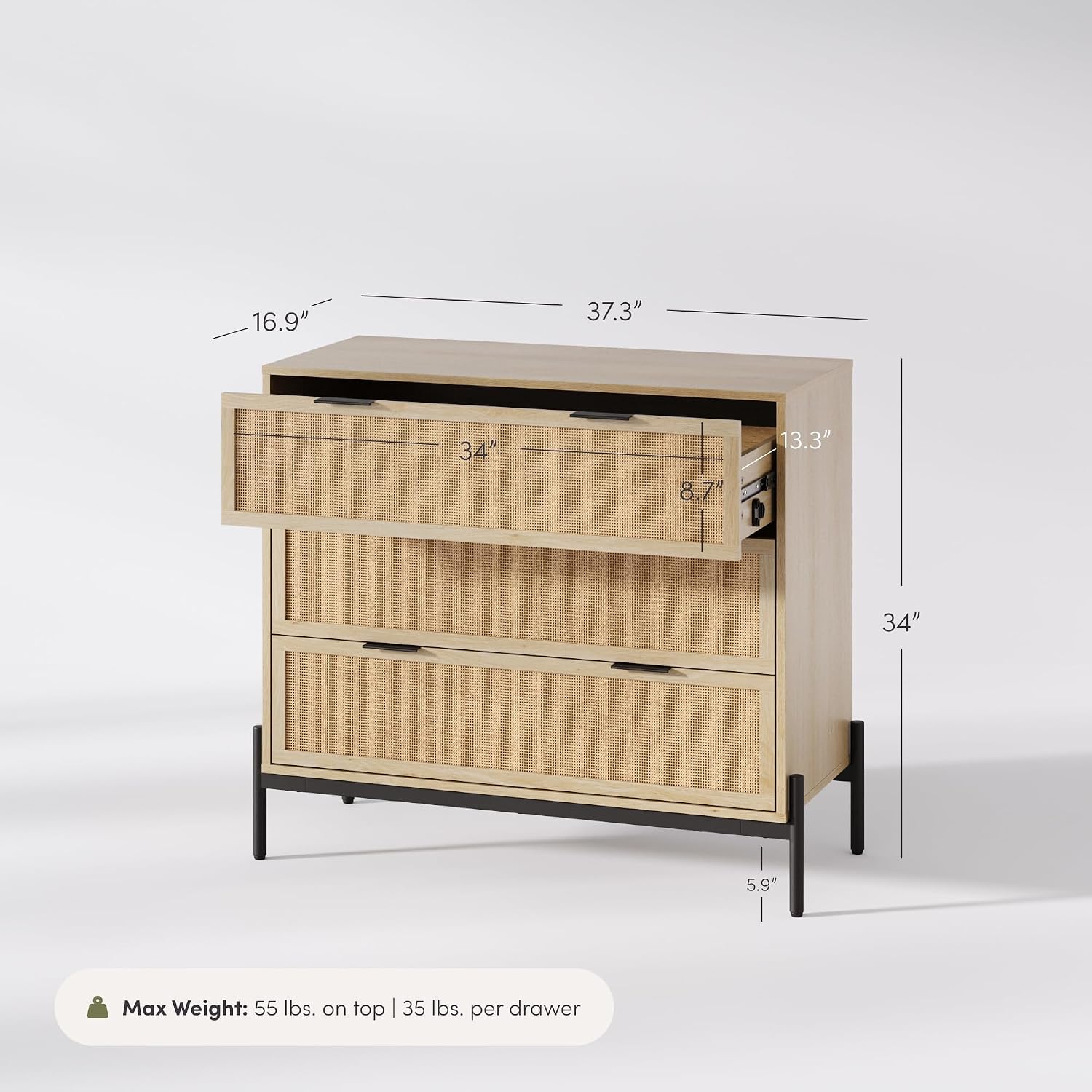 Nathan James Andrew 3-Drawer Rattan Dresser or Boheminan Living Room Storage Cabinet with Natural Rattan Accent and Metal Legs, Light Oak/Black