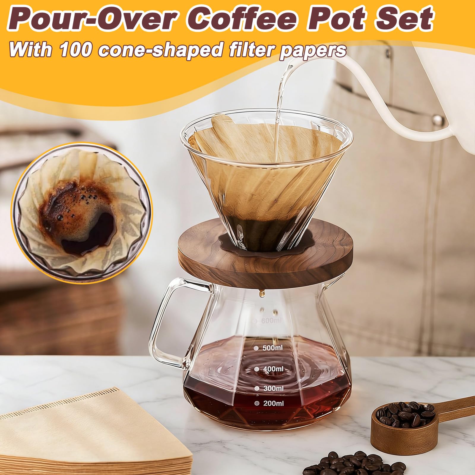 Cafetières à verser, cafetière filtre manuelle en verre transparent de 600 ml, plateau en noyer noir et entonnoir en spirale, goutte adaptée à la maison, au café (comprend 100 papiers filtres)