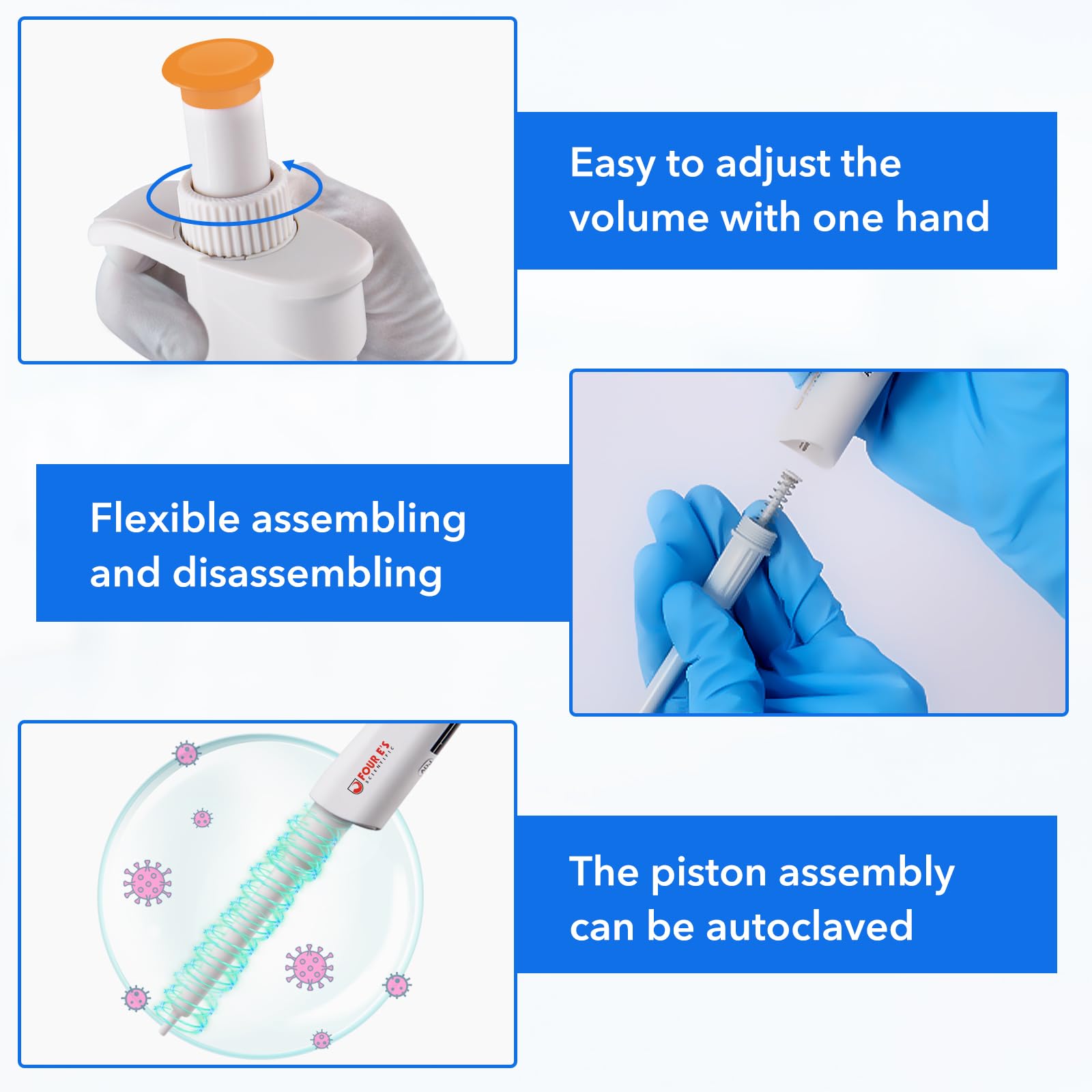 Micropipeta 0.5-10μl – Pipeta de laboratorio de un canal de alta precisión, micropipeta con volumen ajustable, parte inferior esterilizable en autoclave