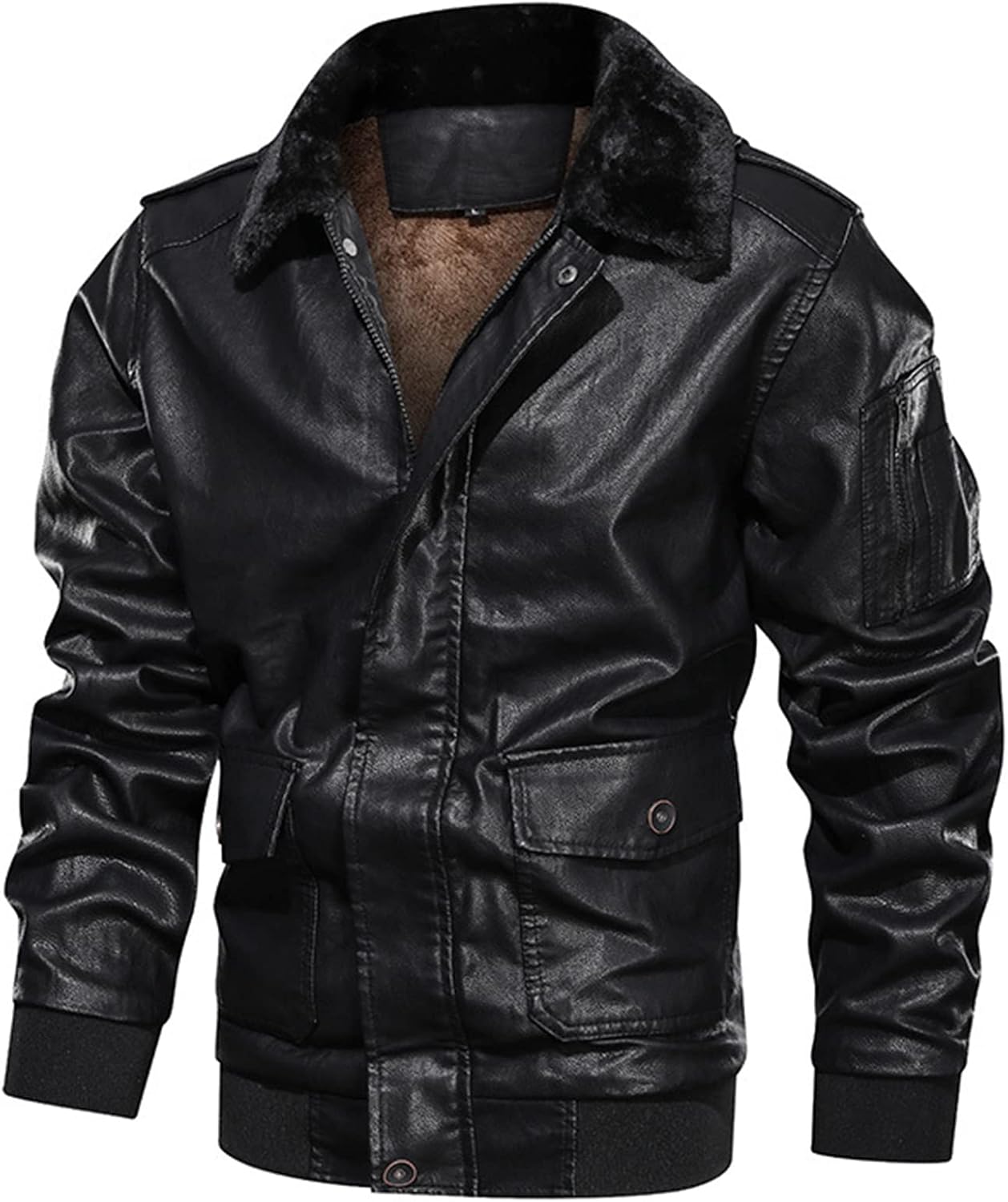 Kissonic Men's Motorcycle Faux Leather Bomber Jacket Warm Fleece Sherpa Lined Zip Up Coat