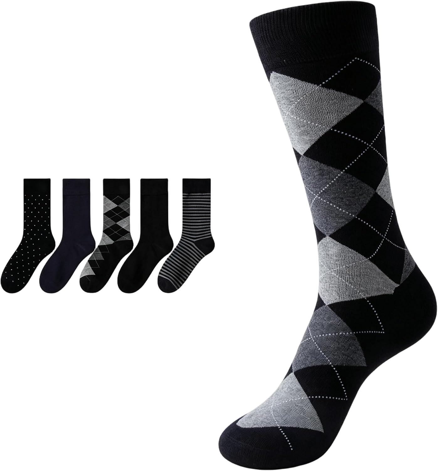 Men's Business Crew Socks, Argyle & Striped Patterns, 5 Pairs(Footwear Size Range: 8-12) Breathable Moisture Wicking Formal Casual Cotton Socks for Office Work Wedding Suit Business Travel