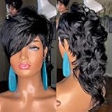 PangDongLai 80s90s Mullet Human Hair Wigs Pixie Cut Wig for Black Women Model Length 10A Pixie Cut Curly Hair Wigs Glueless Full Machine Made Wig Natural Black Color for Daily Use