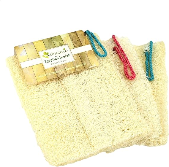 NileCart Loofah Pack of 3 Scrubbies for Body 6 in. Egyptian Loofah Sponge - Natural Exfoliating Body Scrubber Shower Loofah | Body Scrubber Exfoliator Natural loofah Sponge - Luffa for Men and Women