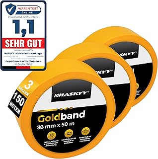 HASKYY Goldband Malerkrepp Kreppband 3x Malerband 38mm x 50m Profi Abdeckband Malertape Klebeband Washi Tape Gold Papiertape Selbstklebend