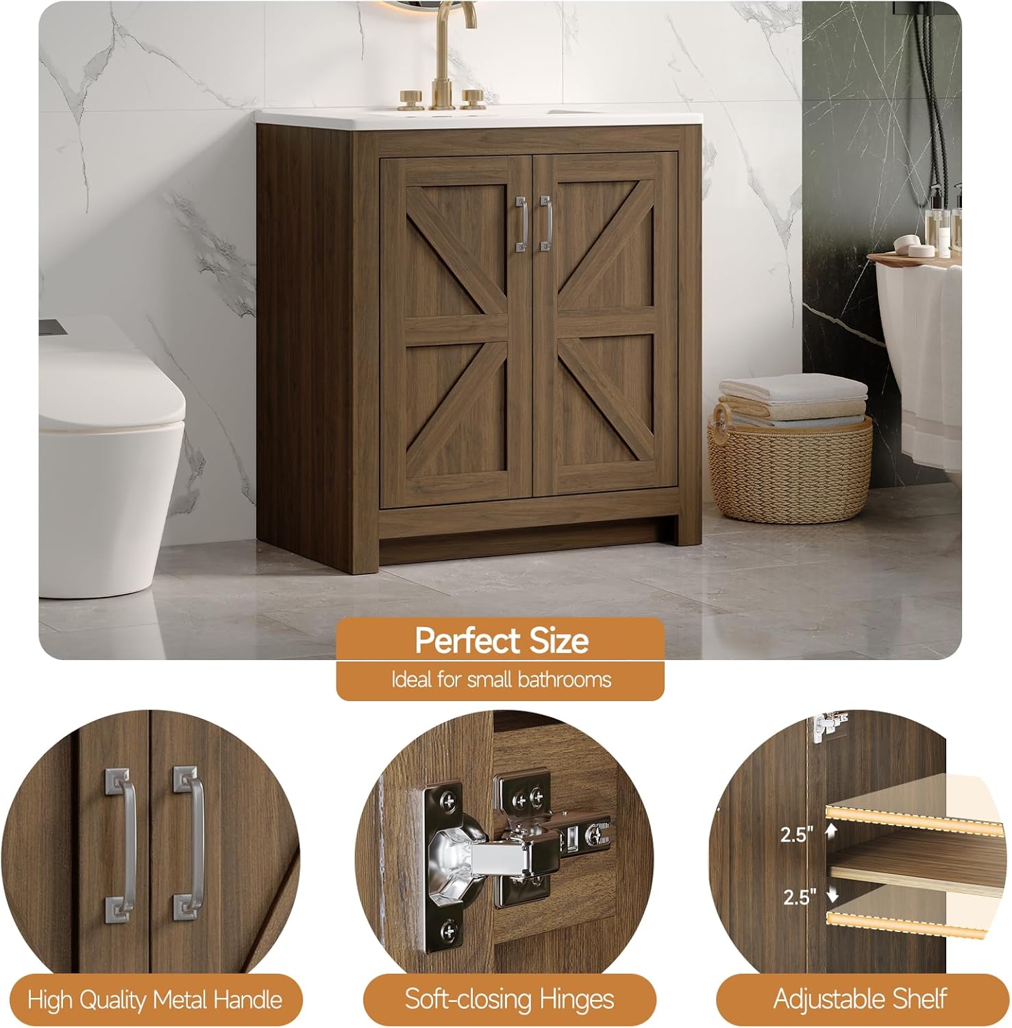 ONBRILL Farmhouse Bathroom Vanity with Sink, Freestanding Bathroom Vanities with Ceramic Basin & Soft-Close Door, Wood Cabinet with Adjustable Shelf for Apartment & Powder Room (Walnut, 30")