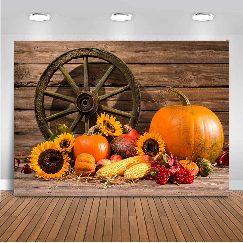 Avezano Fall Thanksgiving Photography Backdrop Rustic Wooden Floor Barn Photo Background Autumn Pumpkin Sunflower Children Portrait Photoshoot Props (8x6ft)