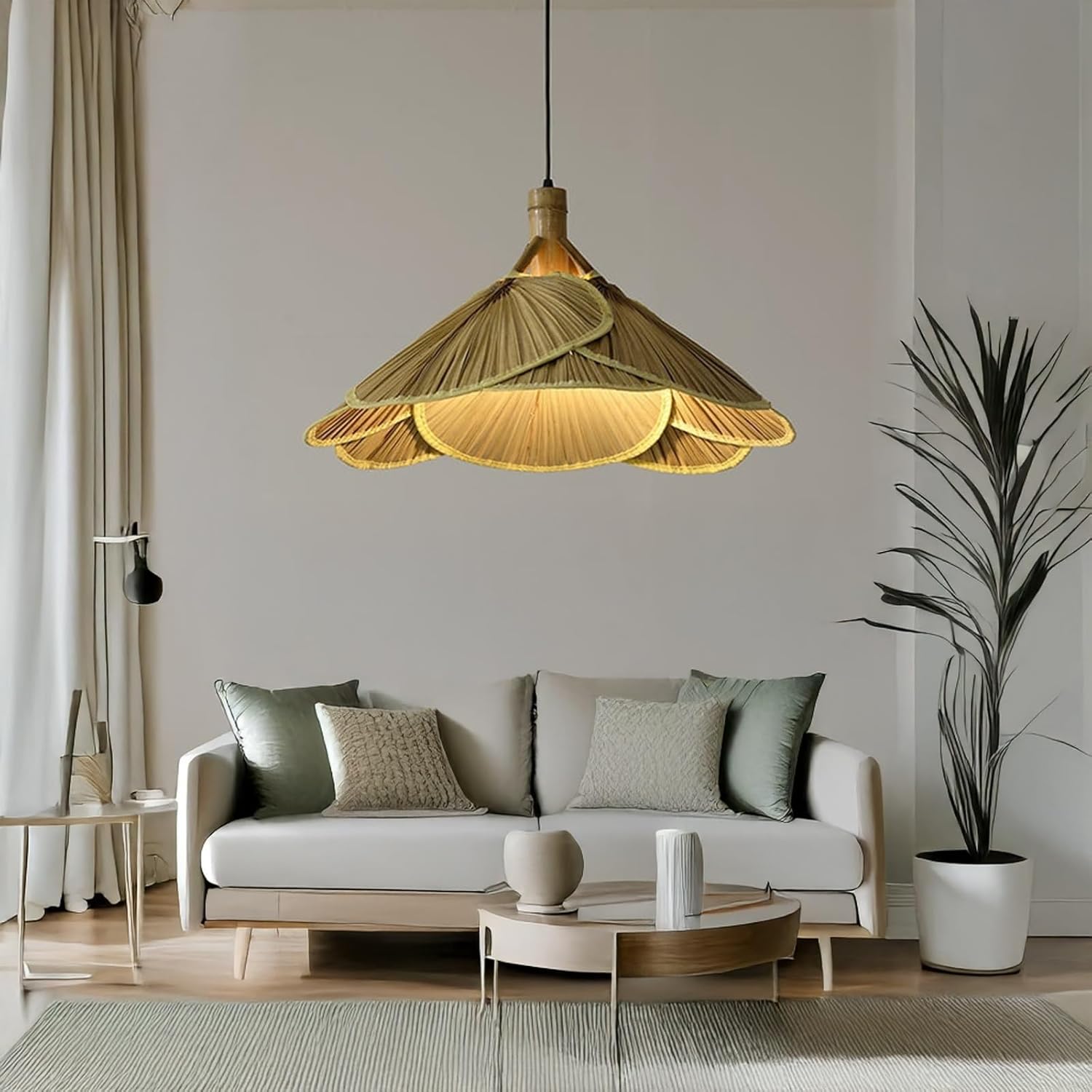 Japandi Pendant Light, Handwoven Bamboo Rattan Lotus Leaf Shade, Wood Accent Hanging Lamp with Adjustable Cord, 23.6", Natural Ceiling Light for Dining Room Living Room Tea House Parlour