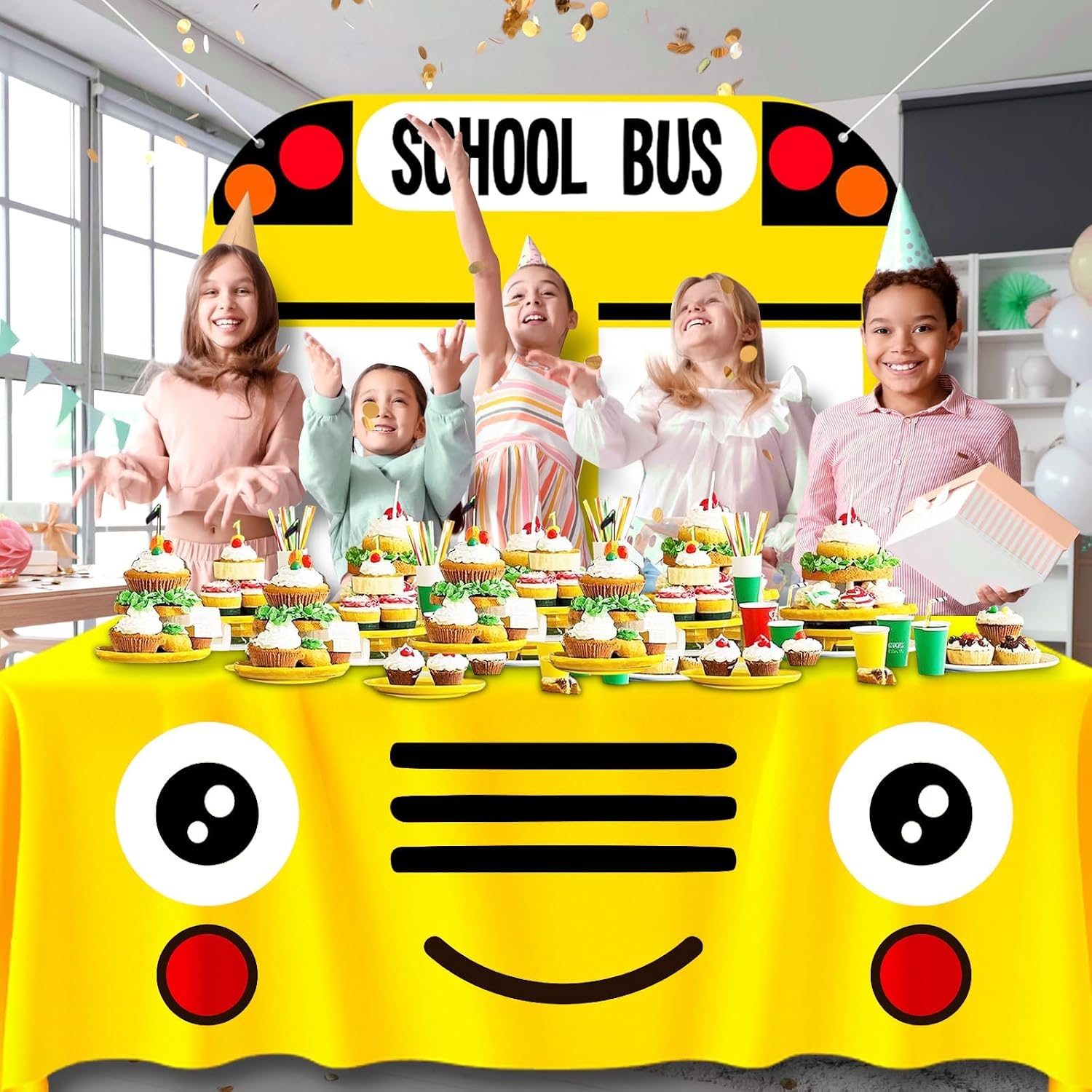 Cumule 2 Pcs School Bus Decorations Back to School Table Cloth and Backdrop image 5