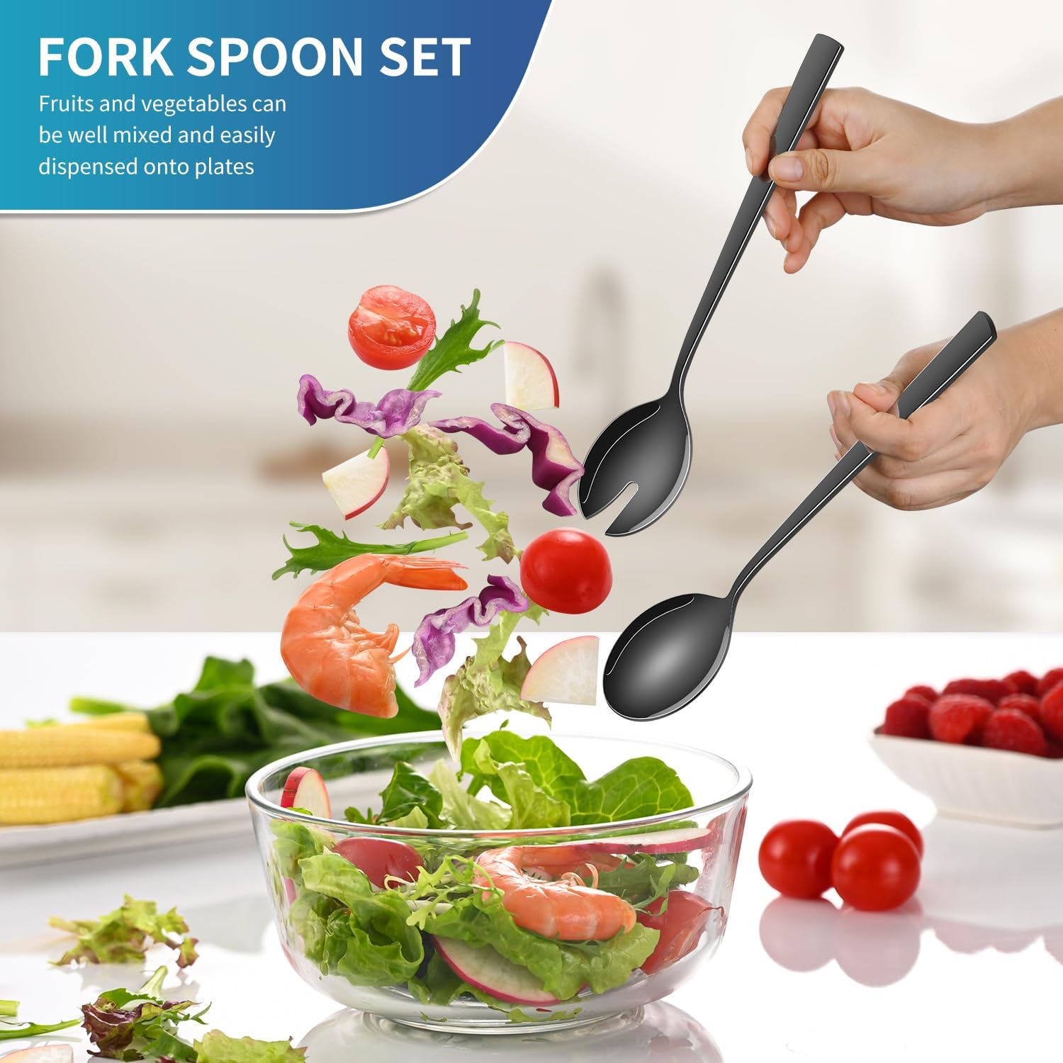 Black Salad Utensils Set, 9.4 Inch Stainless Steel Salad Tossing Spoon And Fork Set of 2, Mirror Polished Kitchen Serving Set, Salad Tongs Alternative for Salad Pasta Fruit Buffet