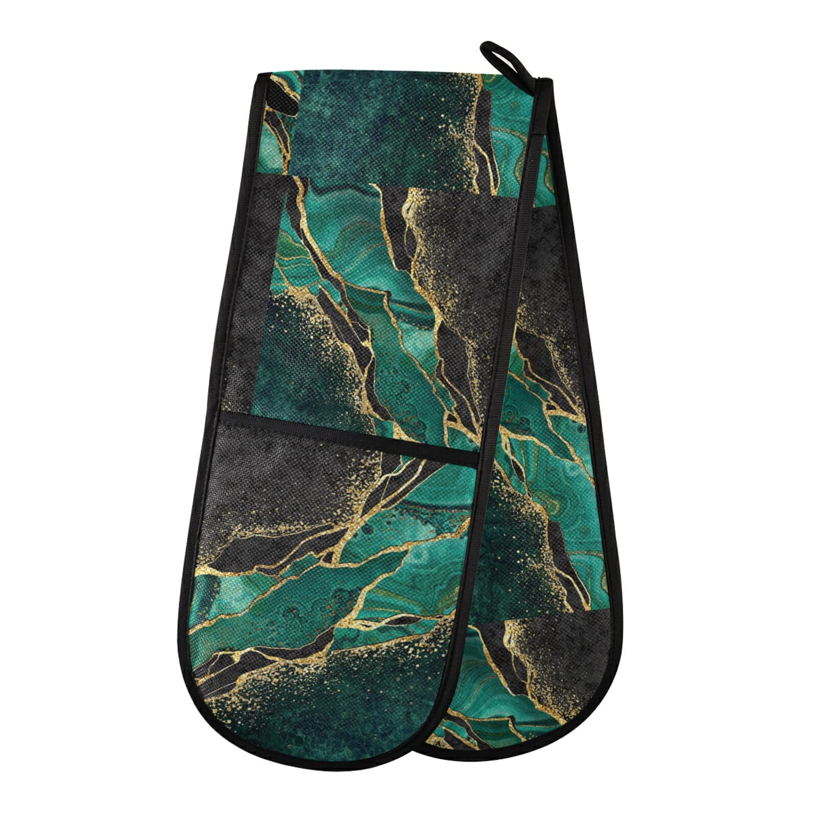 Black Teal Marble Green Malachite with Golden Veins Gold Spots Double Oven Mitt Gloves Extra Long Potholder High Heat Resistant for Baking Cooking Baking Grilling Handling Hots Pans 35"x7"