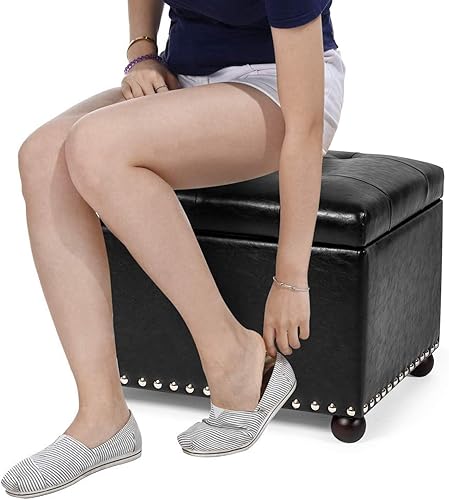 Miniatura 6 de Joveco Otomana rectangular de almacenamiento, banco de almacenamiento de piel sintética con tapa elevable, mesa auxiliar, reposapiés para sala de