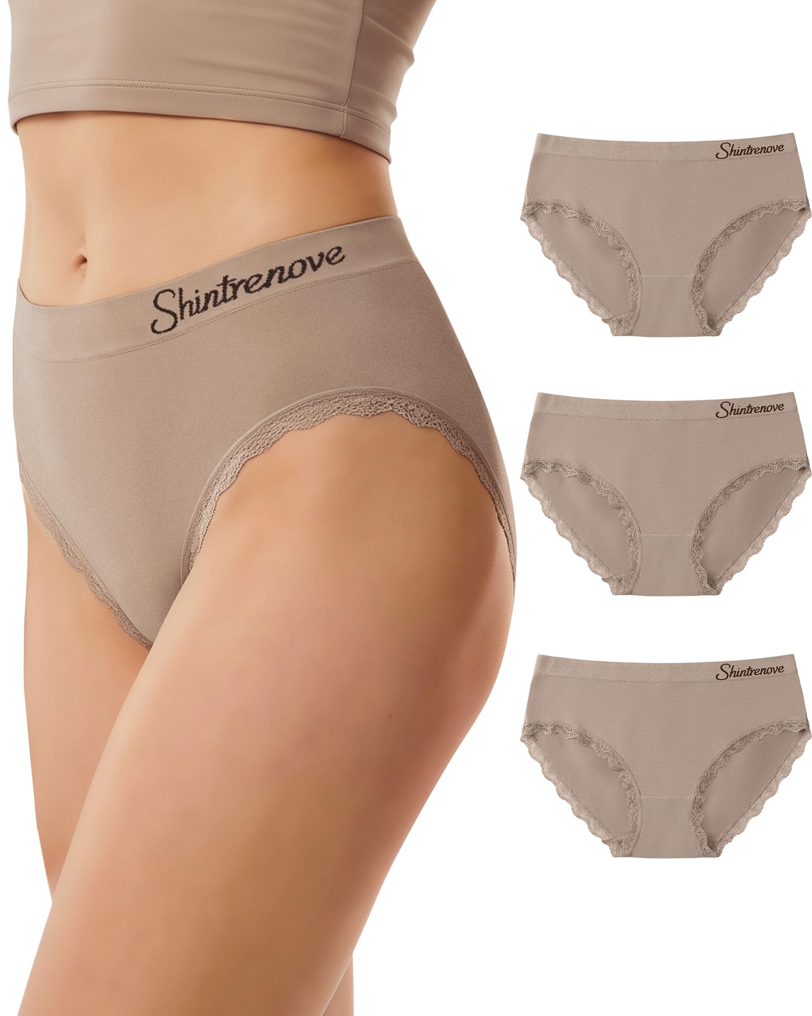Lace Seamless Underwear for Women, Mid Waist Nylon Stretch Briefs with Cotton Gusset, 3 Pack