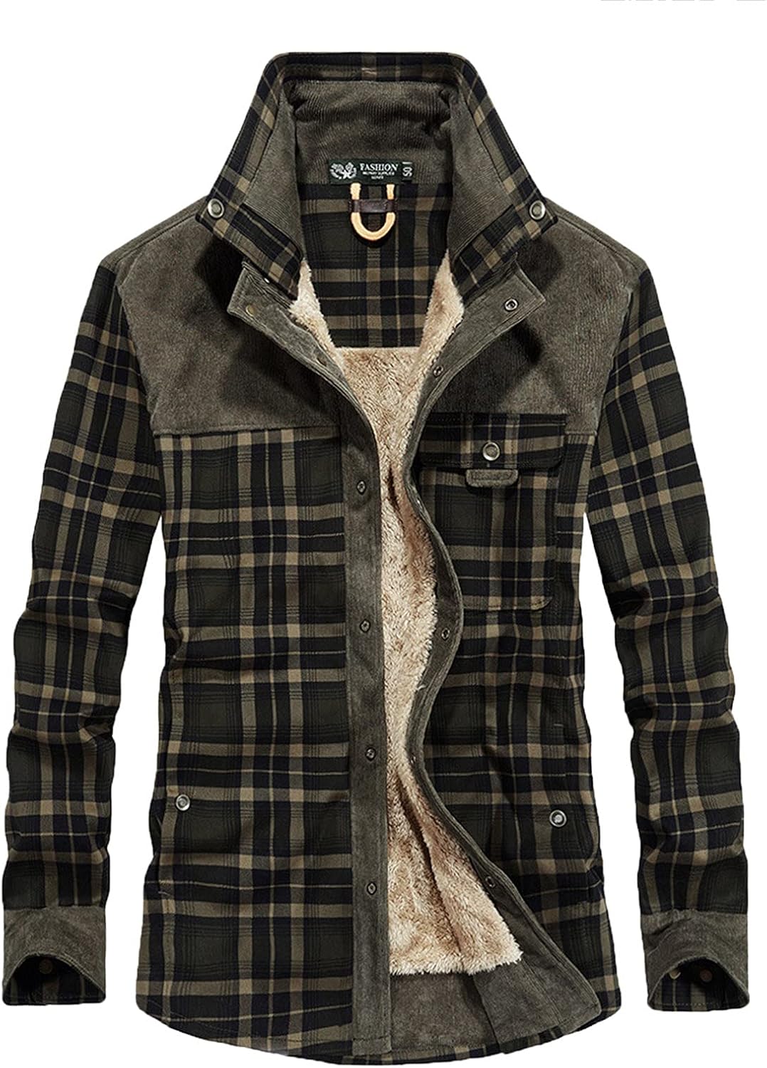 Men's Flannel Shirts Slim Fit Thermal Sherpa Fleece Quilted Shirt Jacket Snaps Button Long Sleeve Western Plaid Shirt