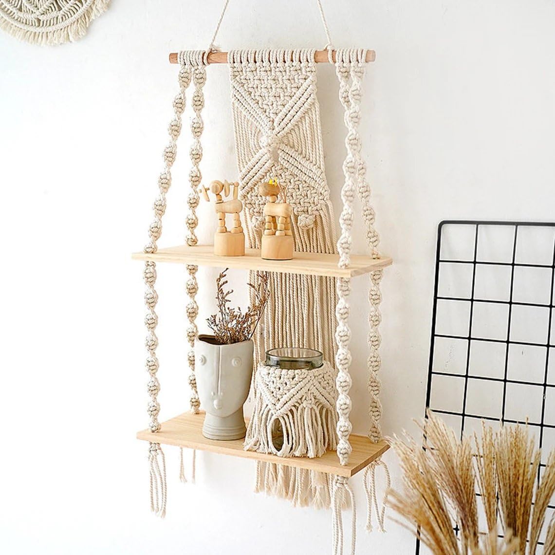 Macrame Wall Hanging Shelf, 2-Tier Decorative Boho Shelve for Home Décor, Floating Pine Wood Rustic Rack for Living Room, Bedroom Decoration 12x28 Inches, Off-White, 1-Piece-image-24