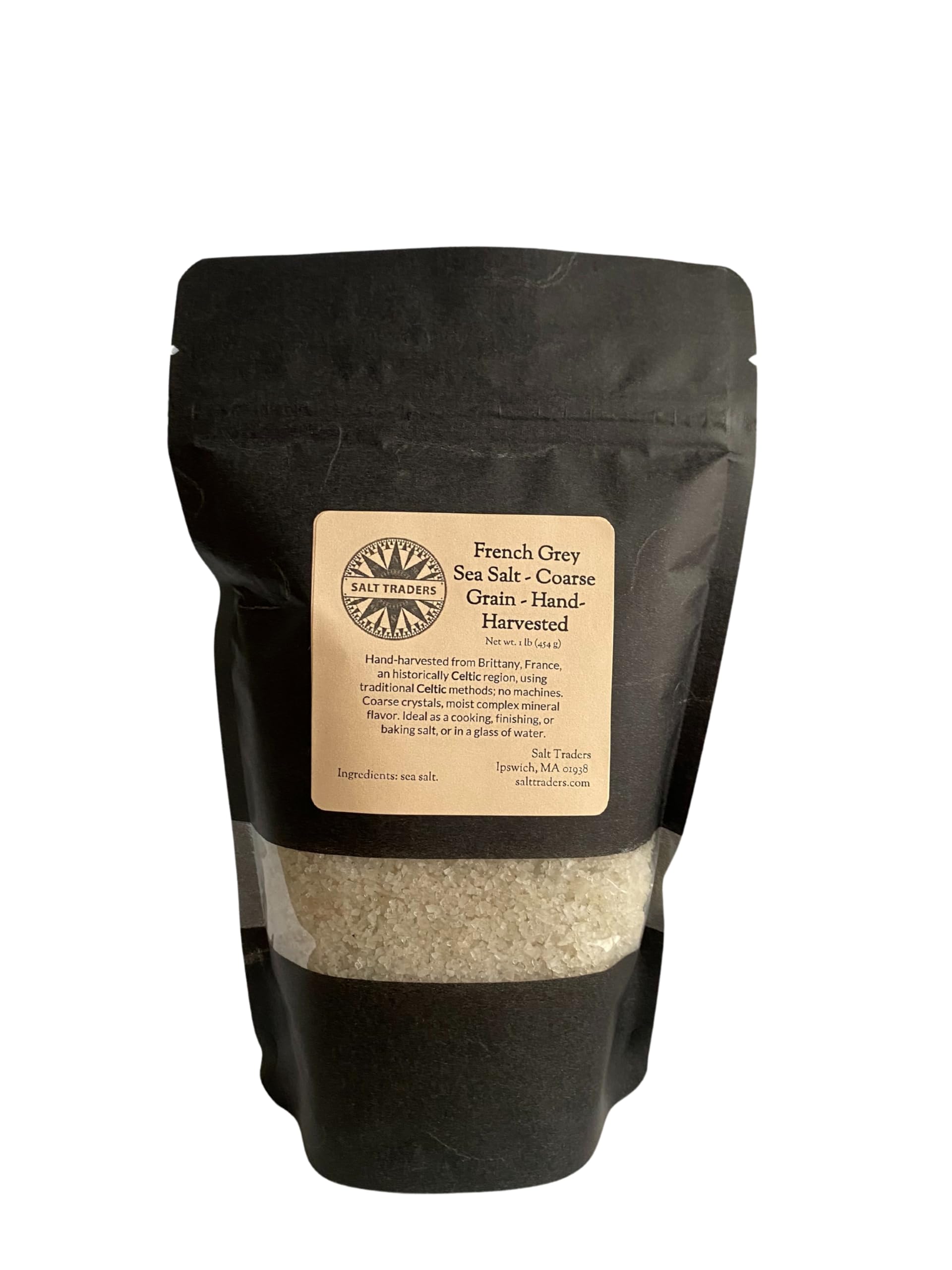 Salt Traders French Grey Sea Salt - Moist Coarse Grain - Hand-Harvested - Sel Gris - 1lb Net Wt. Zip Bag