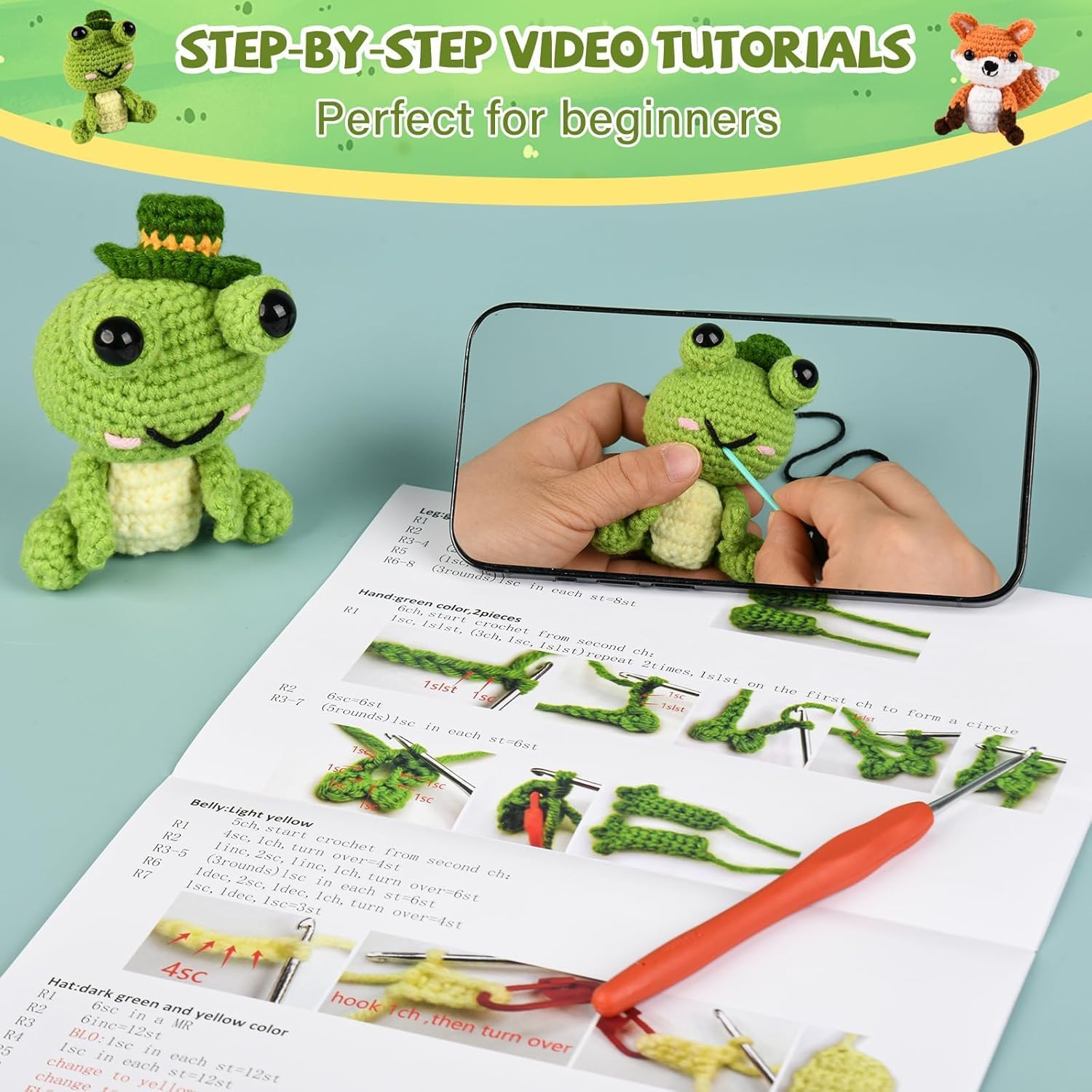 JackCao 6 Pack Crochet Kit for Beginners, 2026 DIY Craft for Adults, Crochet Animal Plush Kit with Step-by-Step Video Guides Tutorials Birthday Gift for Beginner Crochet Lovers (Green)