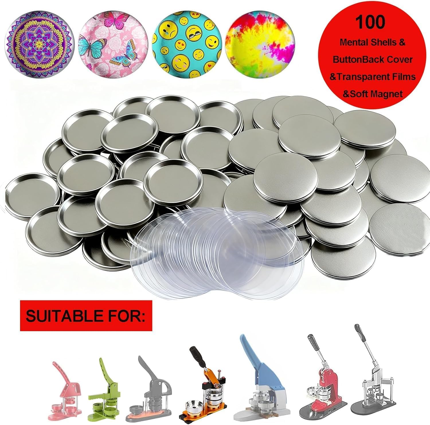 100 Sets Round Magnet Maker Supplies, 58mm/2.25in DIY Photo Refrigerator Sticker Button Parts Press Machine Consumables, Including Metal Cover, Back Cover, Clear Film, Soft Magnet