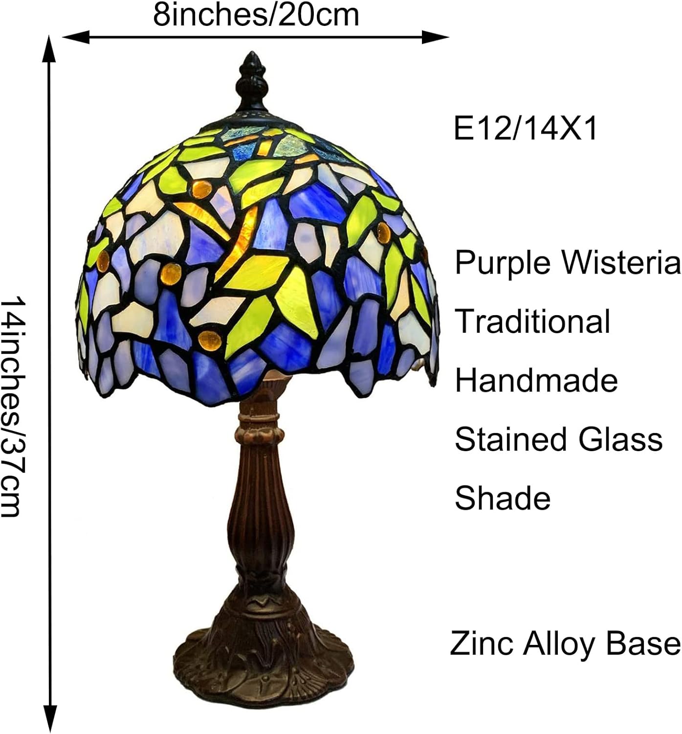 Tiffany Mini Table Lamp Purple Wisteria Desk Lamp Handmade Blue Green Stained Glass Shade Bedside Lamp Zinc Alloy Base Girl Dresser Lamp Bedroom Nightstand Living Room Lamp 8X14inch,Purple