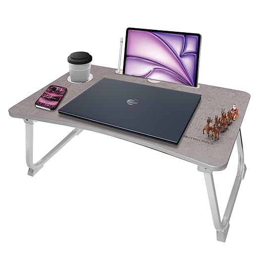 ZEBRONICS DOW Y2, Foldable Laptop Table, Cup Holder, Tablet | Pen | Mobile - Holder, Sturdy Legs, Anti Slip Feet, Table for Study | Work | Craft (Cement Grey)