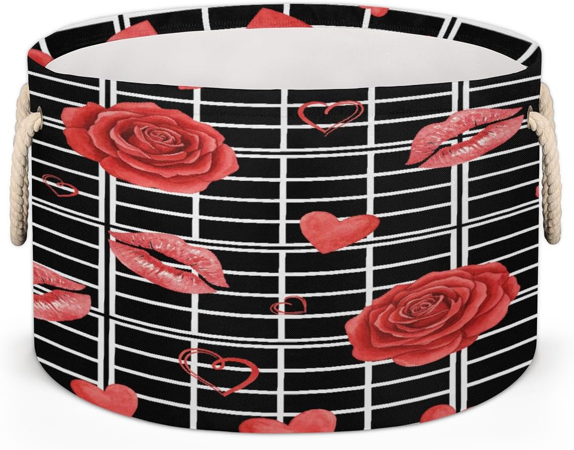 Large Storage Baskets - Red Roses Lips Hearts Nursery Round Collapsible Organizer Bin Box, Laundry Hamper for Kids Toys, Blanket, Bedroom Living Room Home Decor, Gift Basket, 19.4"x13.3"