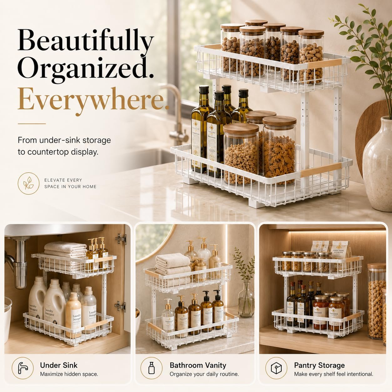 Premium Adjustable 2-Tier Under Sink Organizer, Heavy-Duty Kitchen Cabinet Organizer Rack, White Metal Storage System for Kitchen & Bathroom, Space Saving, Rust-Resistant