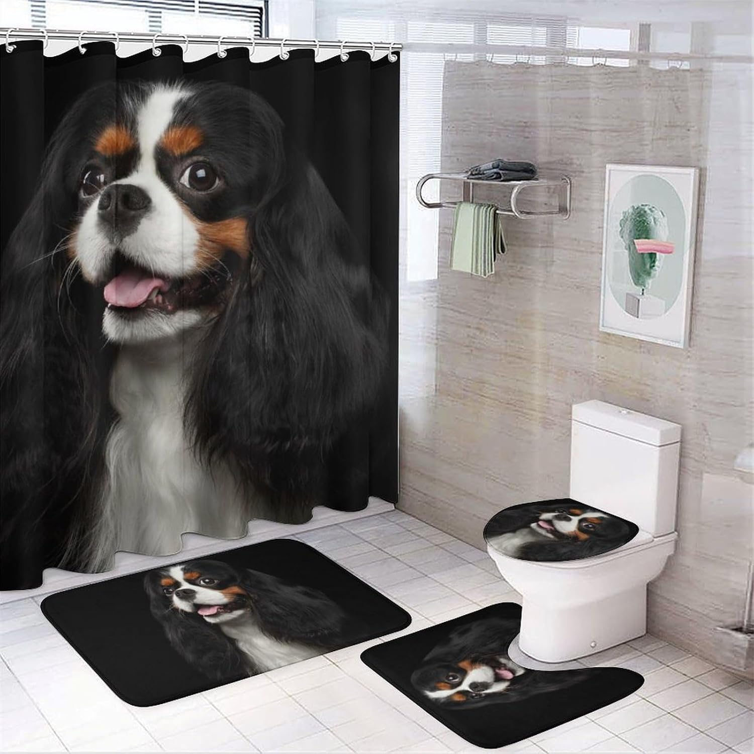 Novelty 4 PCS Shower Curtain Sets - Cavalier King Charles Spaniel Dog - Waterproof Shower Curtain 72x72 Inch, Non Slip Bath Rugs U Shaped Mat Toilet Lid Cover for Home Bathroom Decor