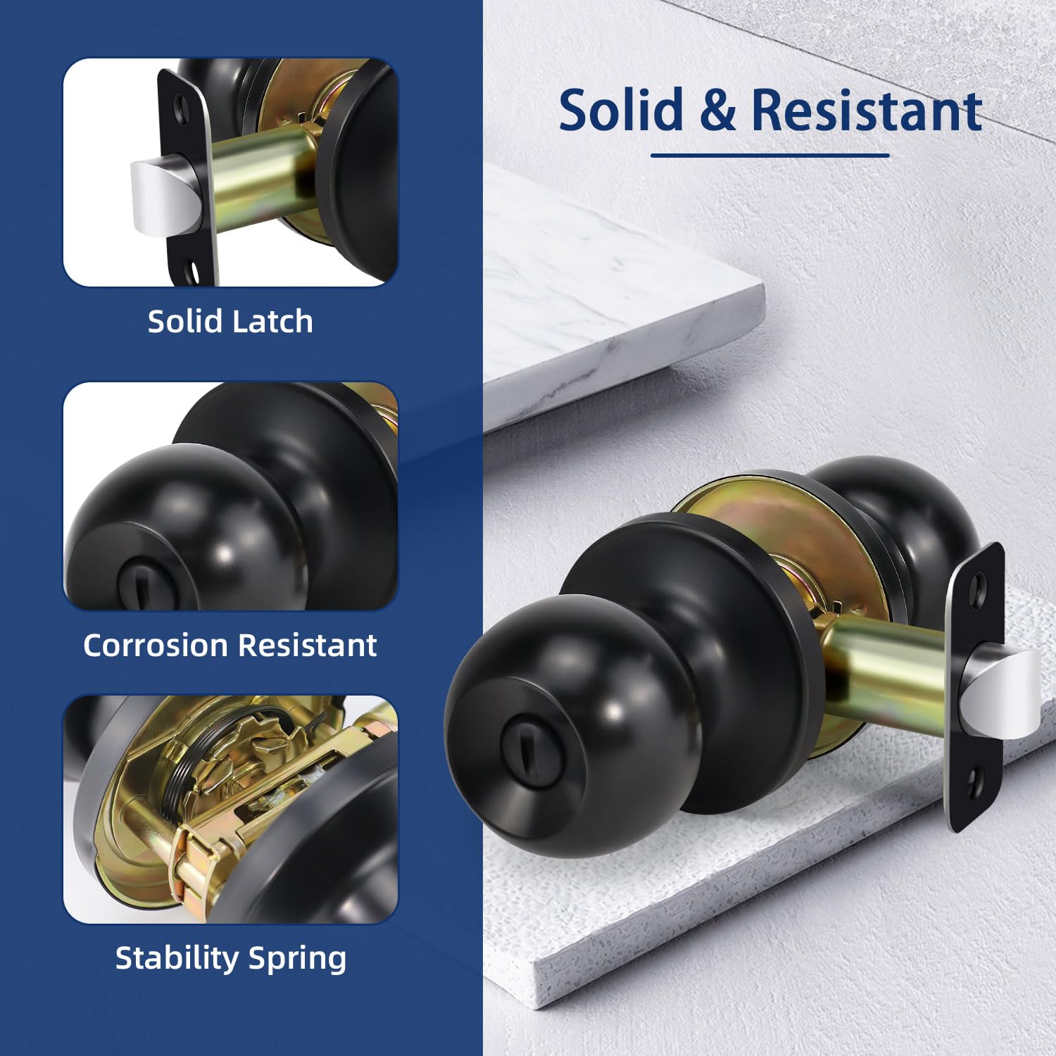 Modern Matte Black Ball Door Knob - Keyless Privacy -7