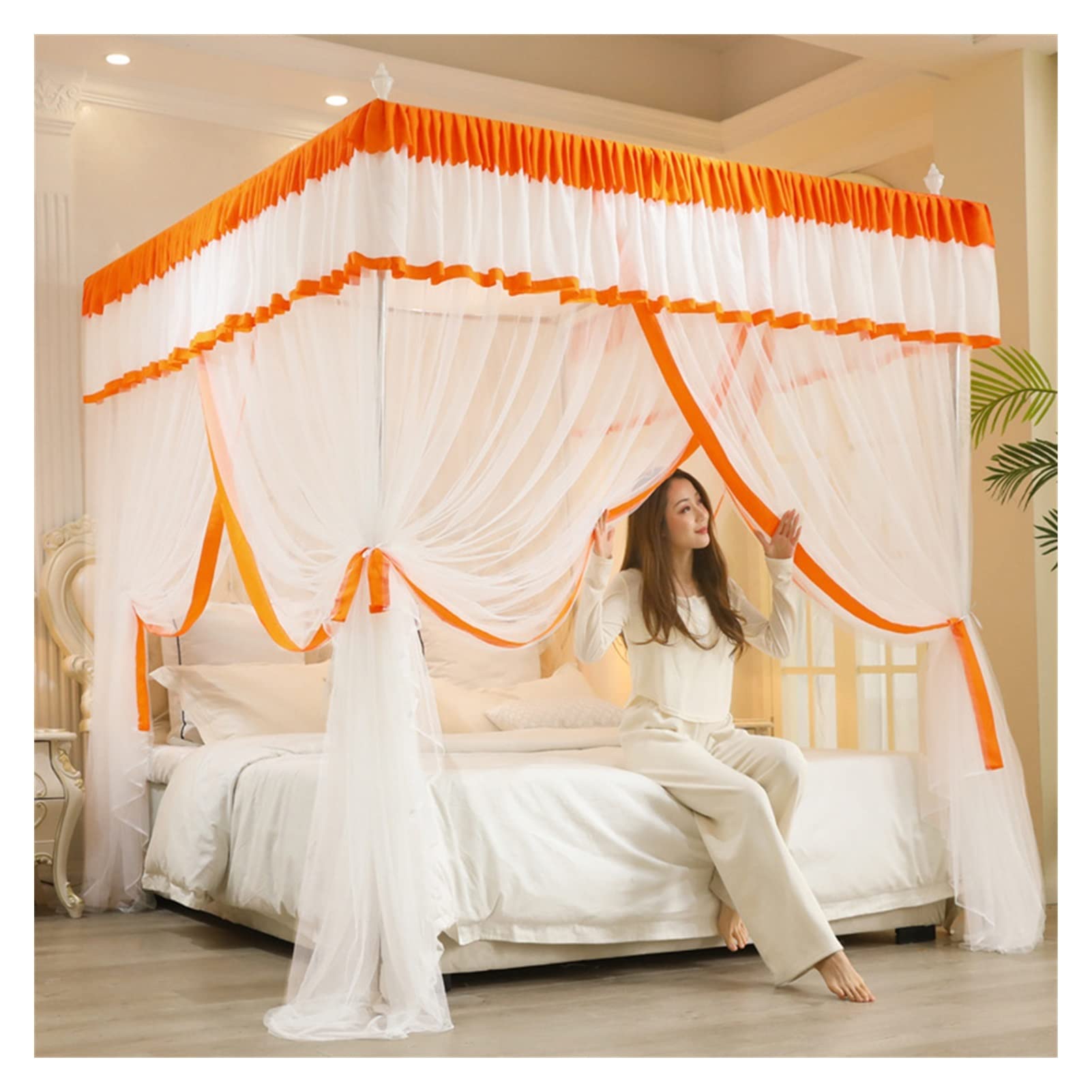 GJMSSMY Bed Tent Canopy Bed 4 Corner Post Bed Canopy Mosquito Net Screen Mosquito Protection Net Breathable Bedroom Princess Tent Square (Color : Orange, Size : 180 * 220cm)