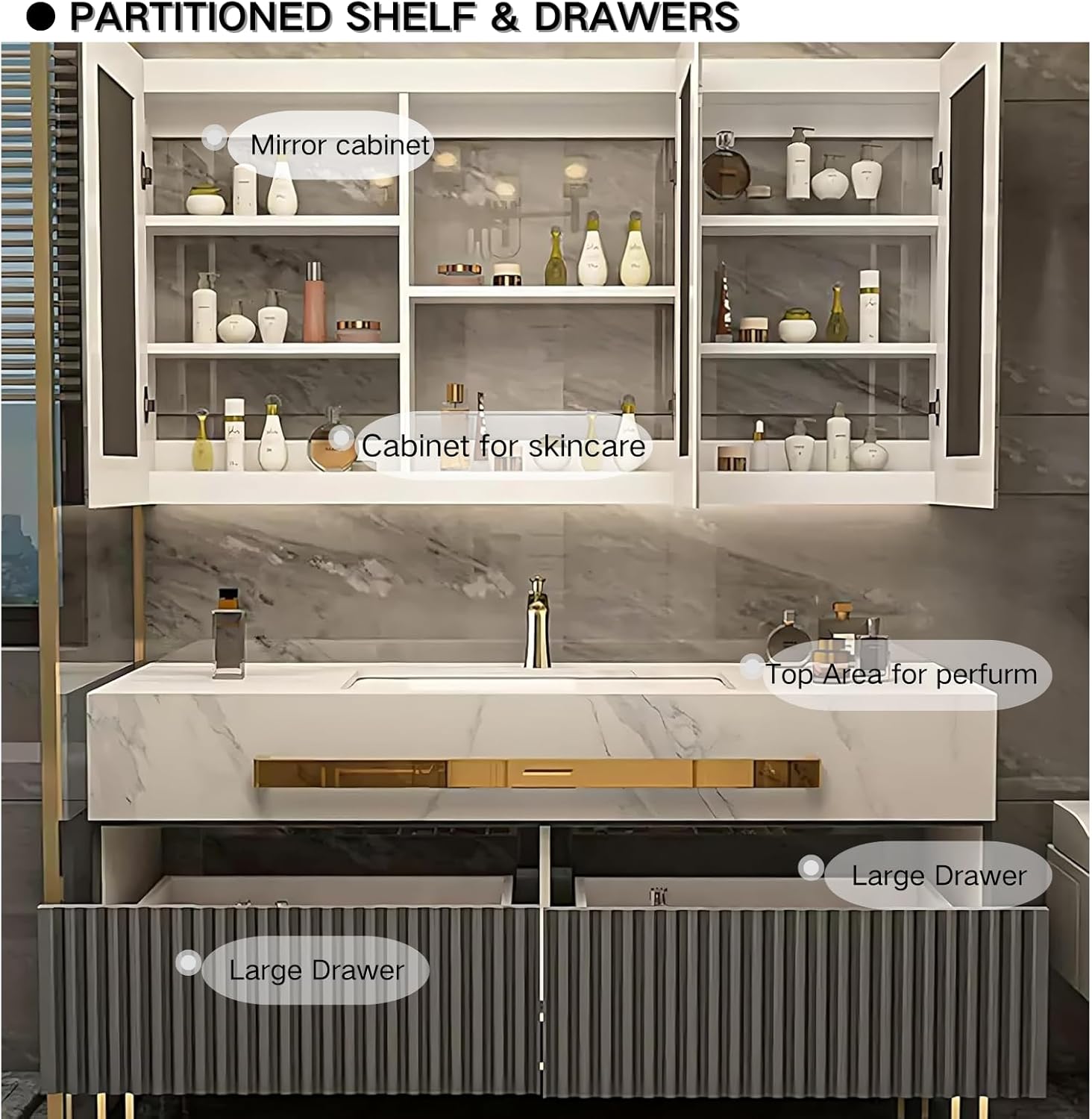 24 inch Bathroom Vanity, Freestanding Bathroom Vanities with Sink, Wall Mounted Floating Cabinet Smart Defog Mirror/Solid Wood Cabinet 2 Extra Big Drawers with Faucet and Drain Fittings,Black