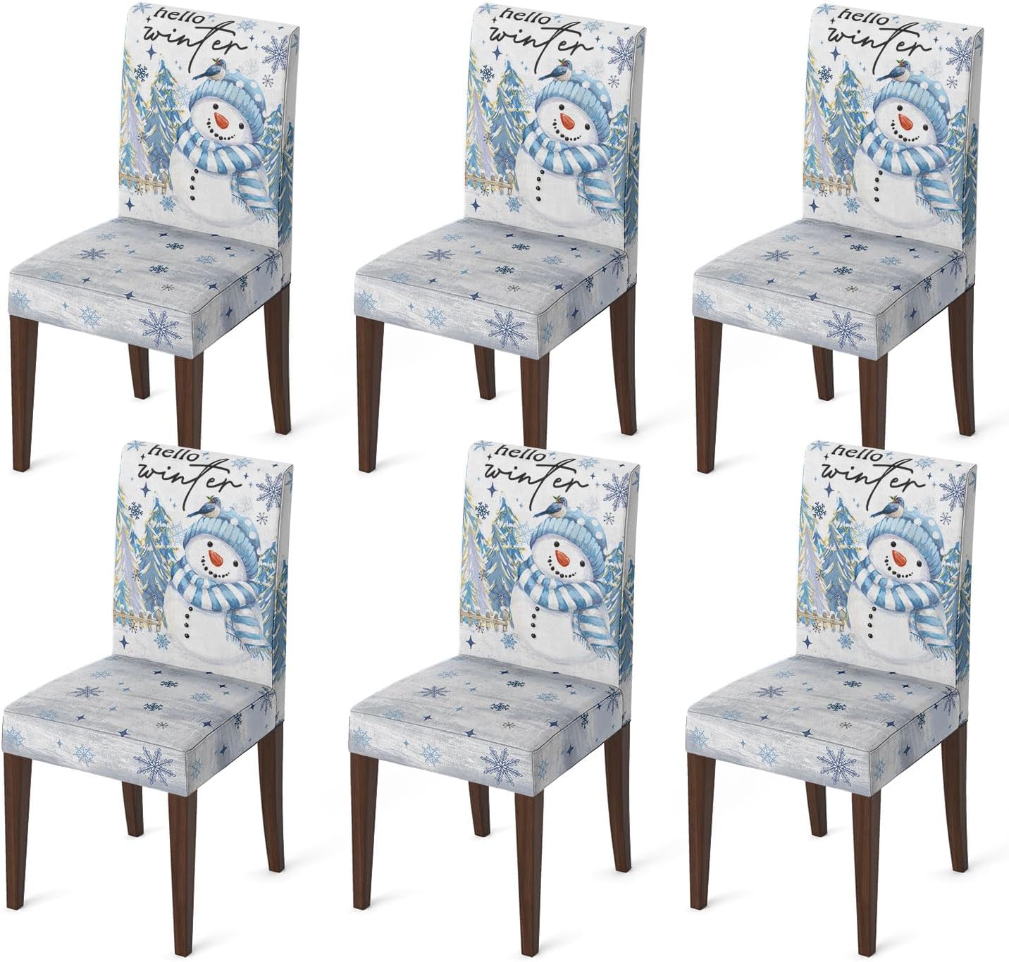 Horaldaily 6PCS Christmas Dining Chair Covers, Blue Snowman Stretch Removable Washable Slipcover Chair Protector for Dining Room Home Decor