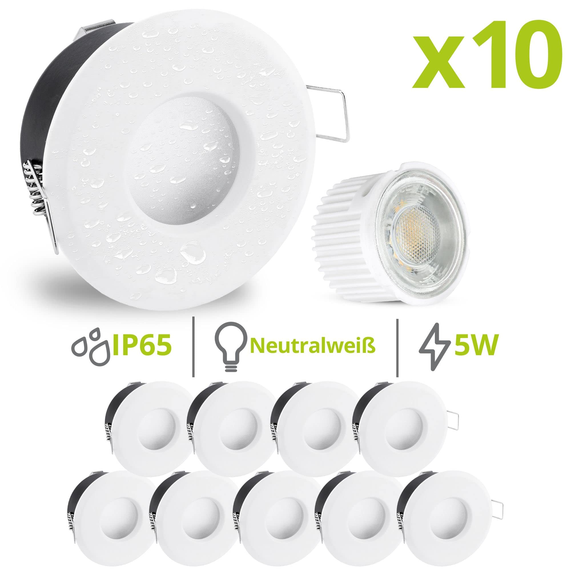 linovum flache LED Einbaustrahler 10er Set Bad mit IP65 Wasserschutz in Weiß rund inklusive LED 230V Modul 4W neutralweiß