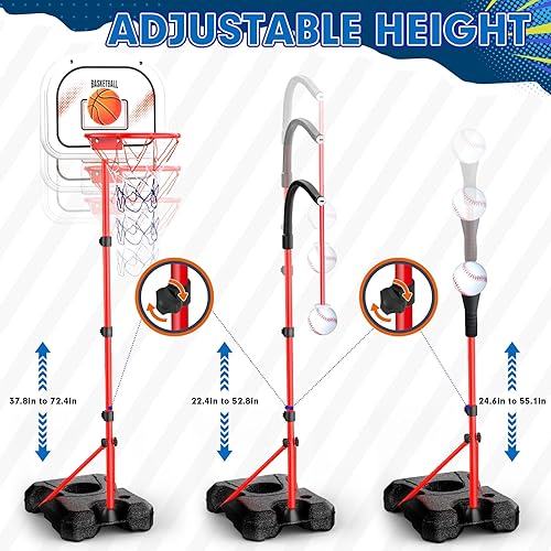 Miniatura 2 de Juego de aro de baloncesto y pelota en T 3 en 1 para niños, incluye soporte de pelota ajustable, camiseta colgante de béisbol